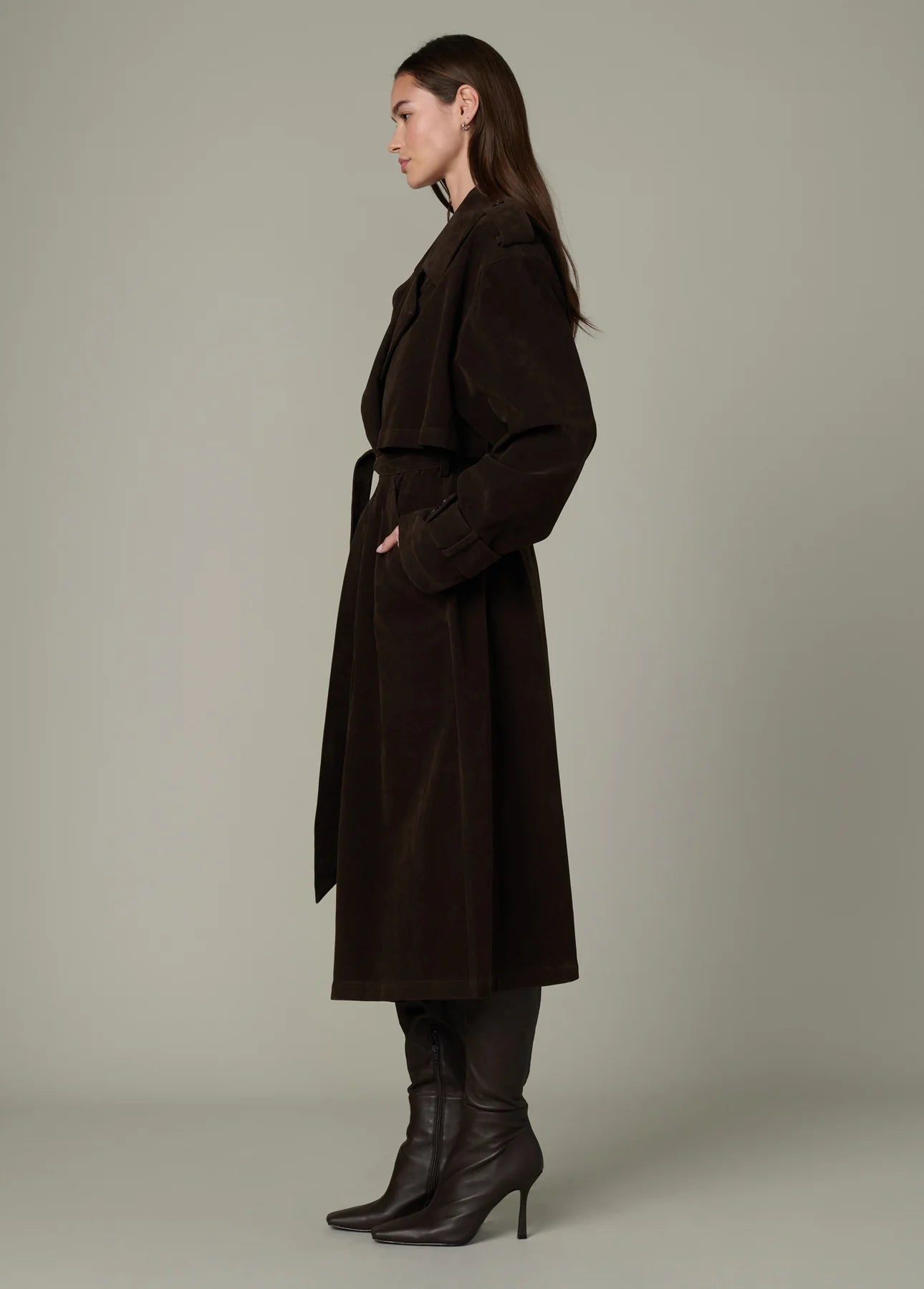 The Elizabeth Vegan Suede Trench Coat - Dark Chocolate