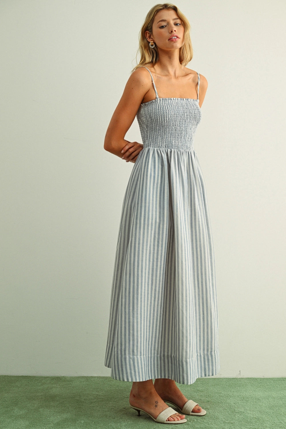 Striped Smocked Maxi Dress - Blue