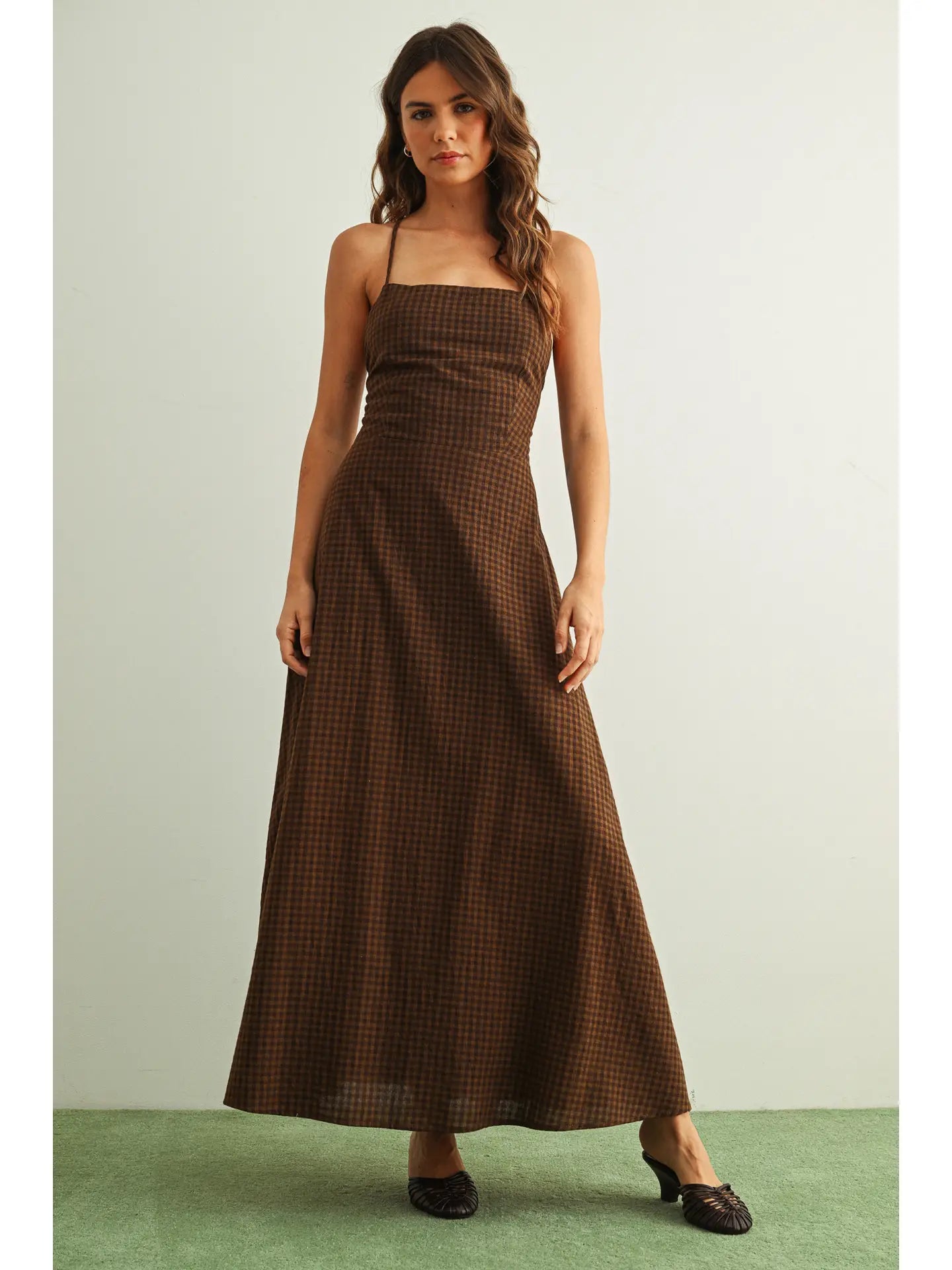Gingham Lace-Up Maxi Dress - Brown