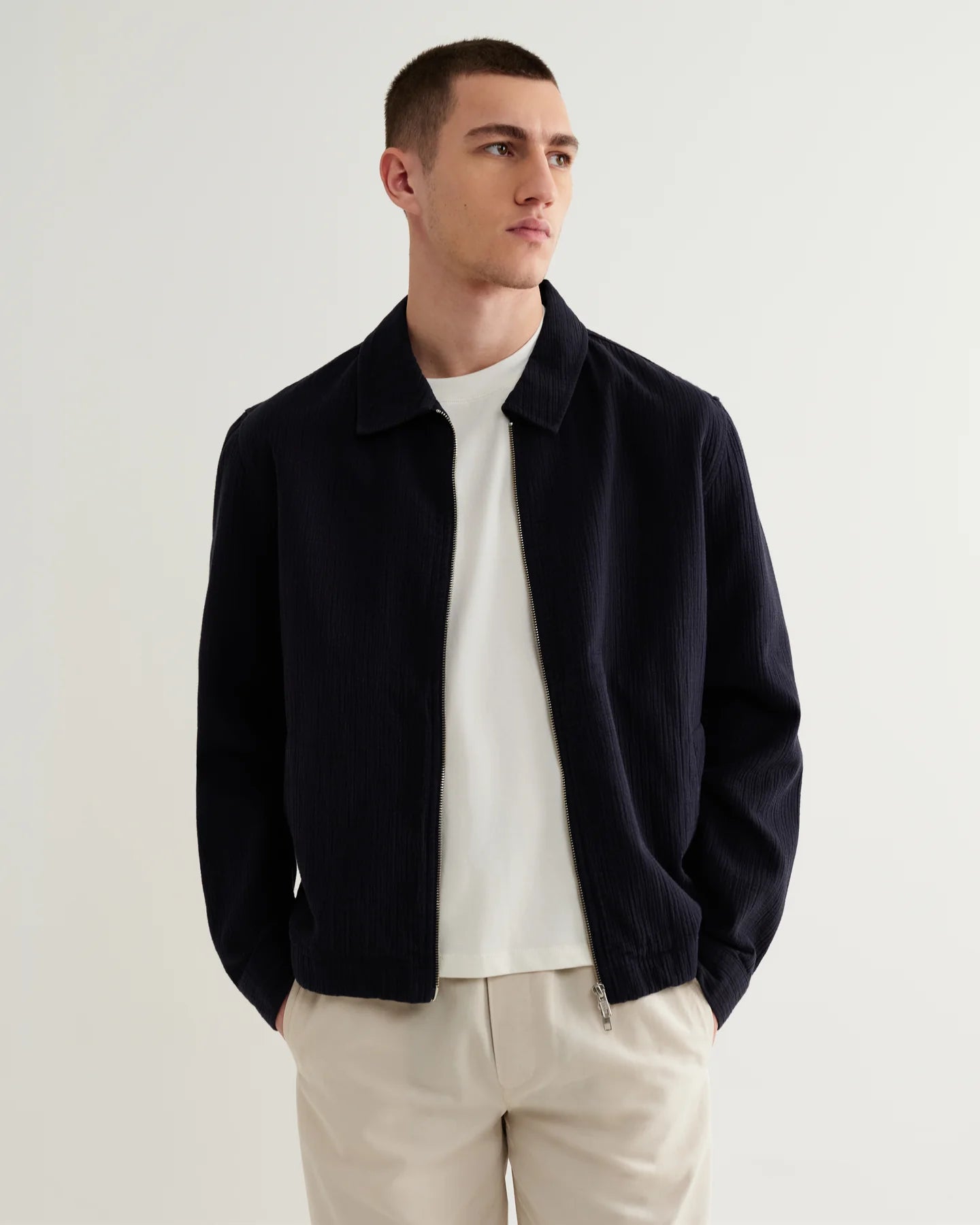 Eldon - Navy Crinkle Cotton-Linen Jacket