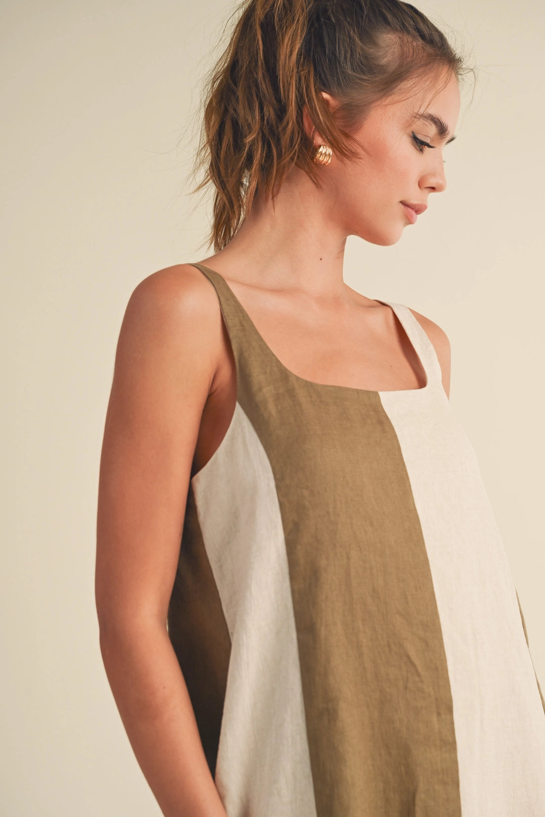 Color Block Linen Mini Dress - Olive/Oatmeal