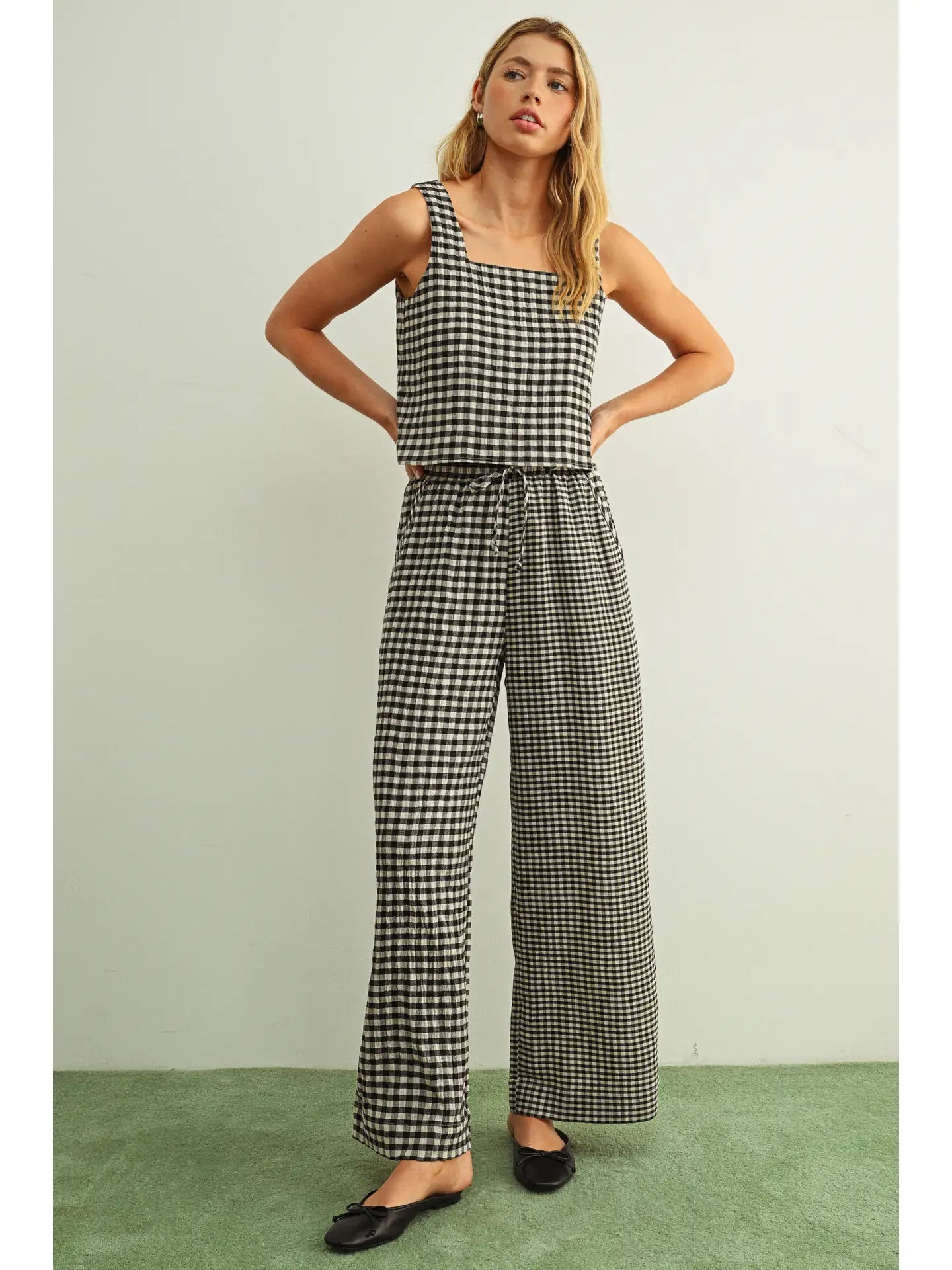 Gingham Square Neck Tank - Black/Cream