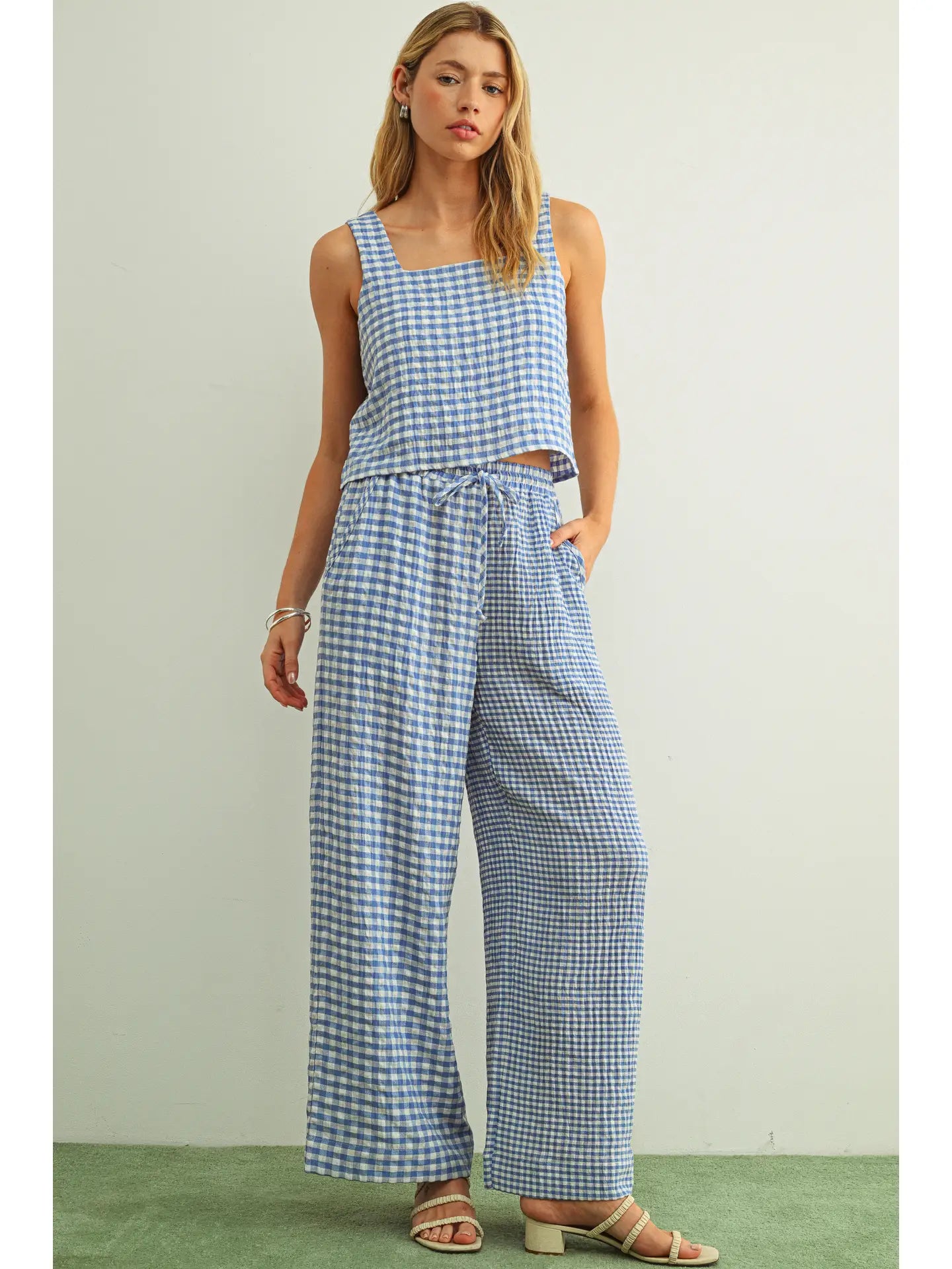 Gingham Square Neck Tank - Blue/White