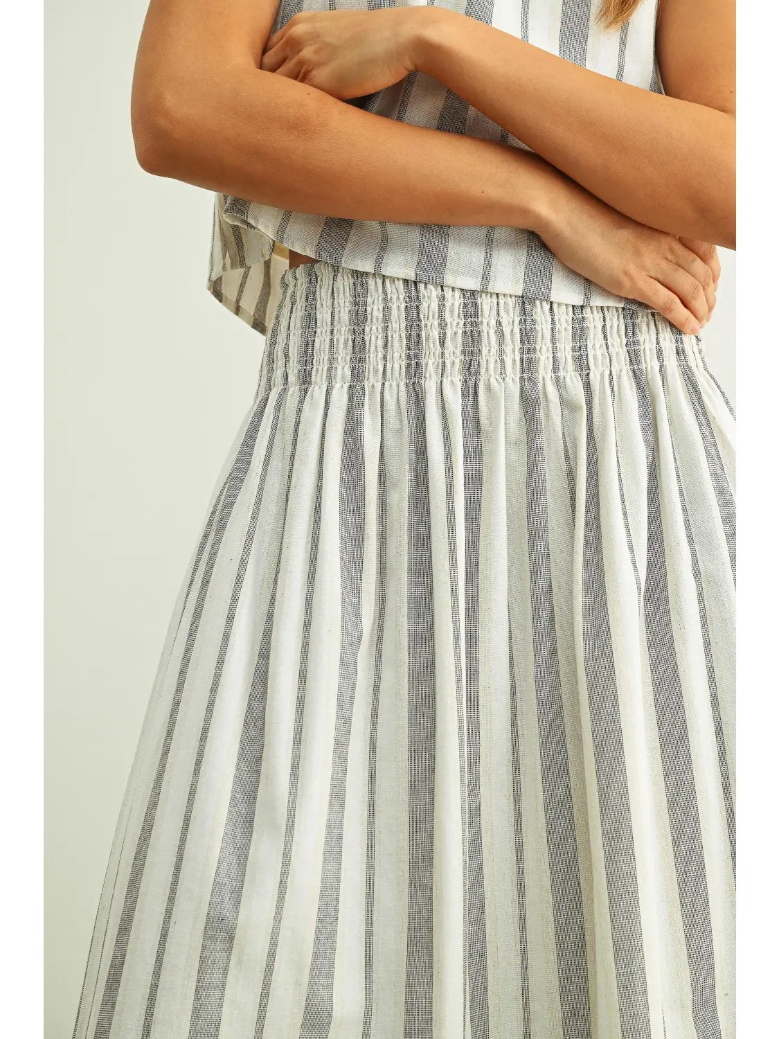 Striped Smocked Waist Maxi Skirt - Black/Oatmeal