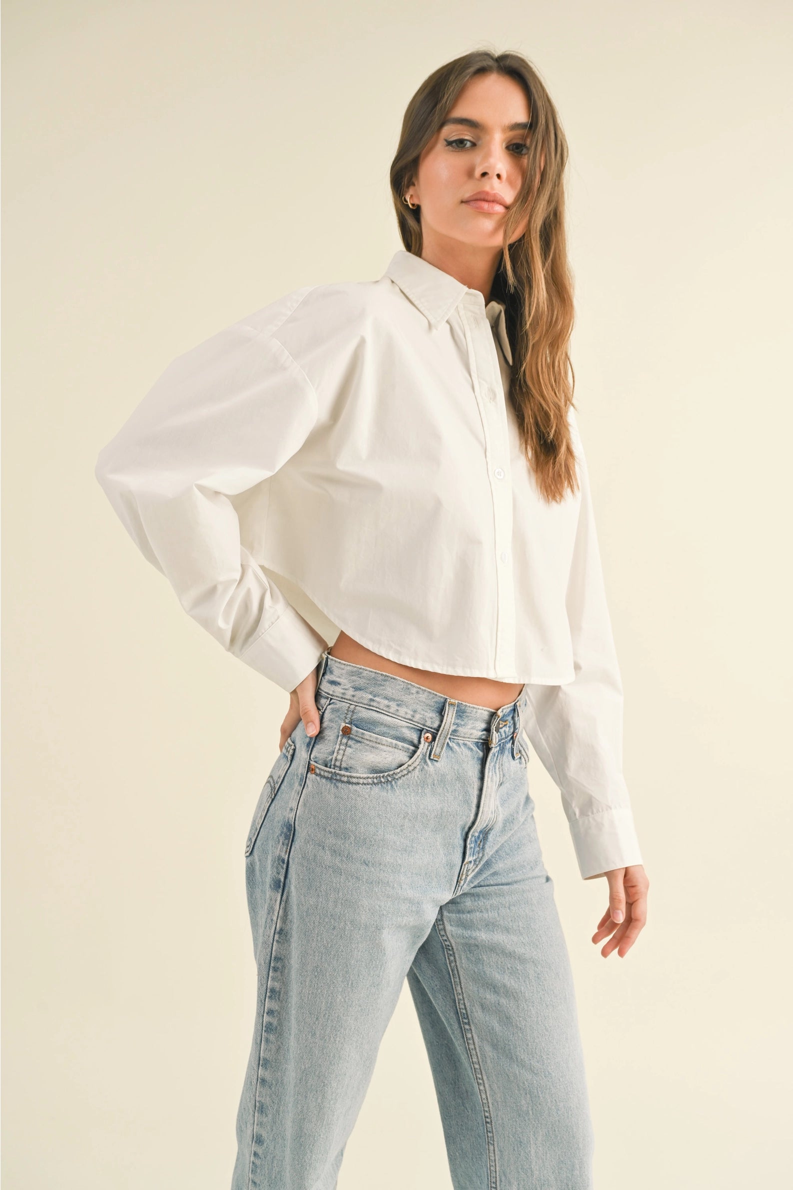 Cropped Cotton Button Down - White