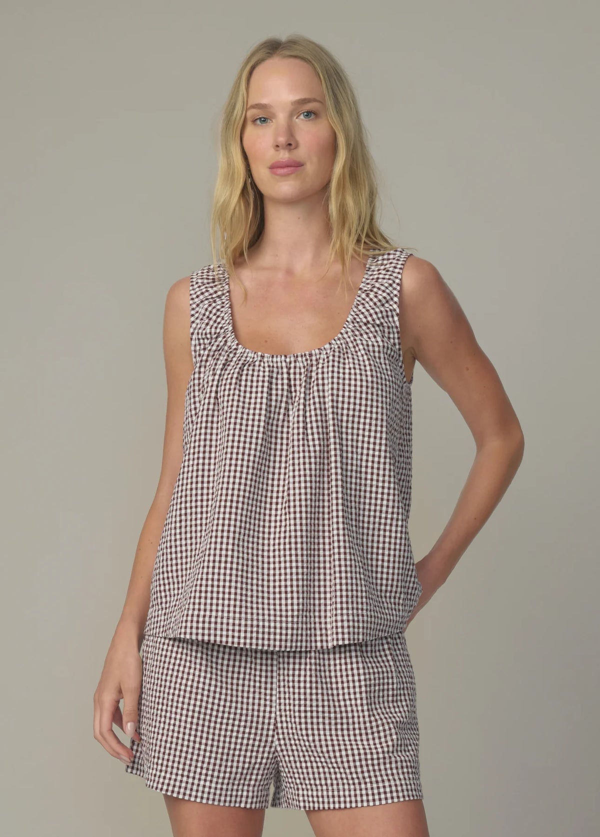 The Ana U-Neck Sleeveless Blouse - Macchiato Gingham