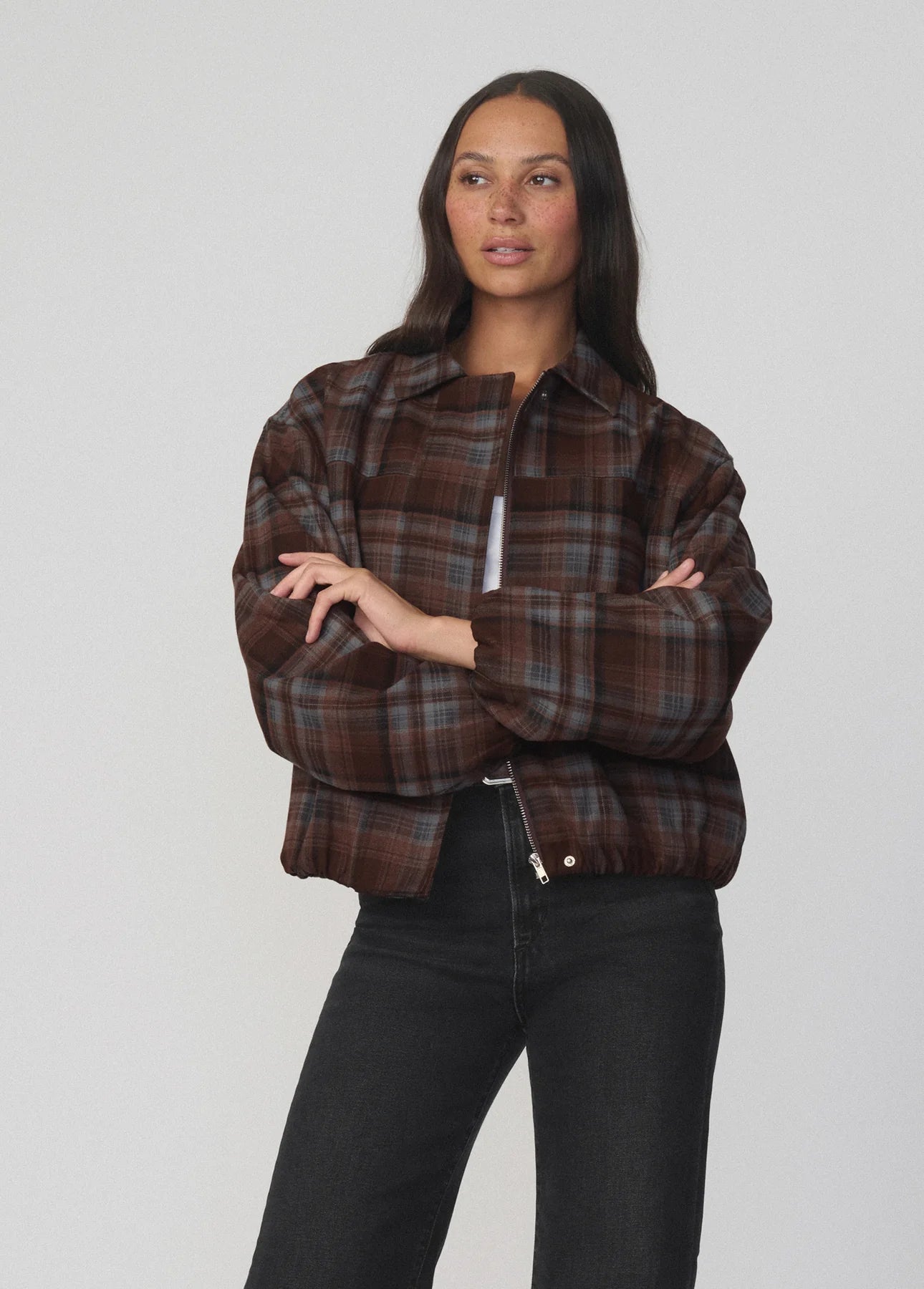 The Bella Bomber Jacket - Brown / Blue Plaid
