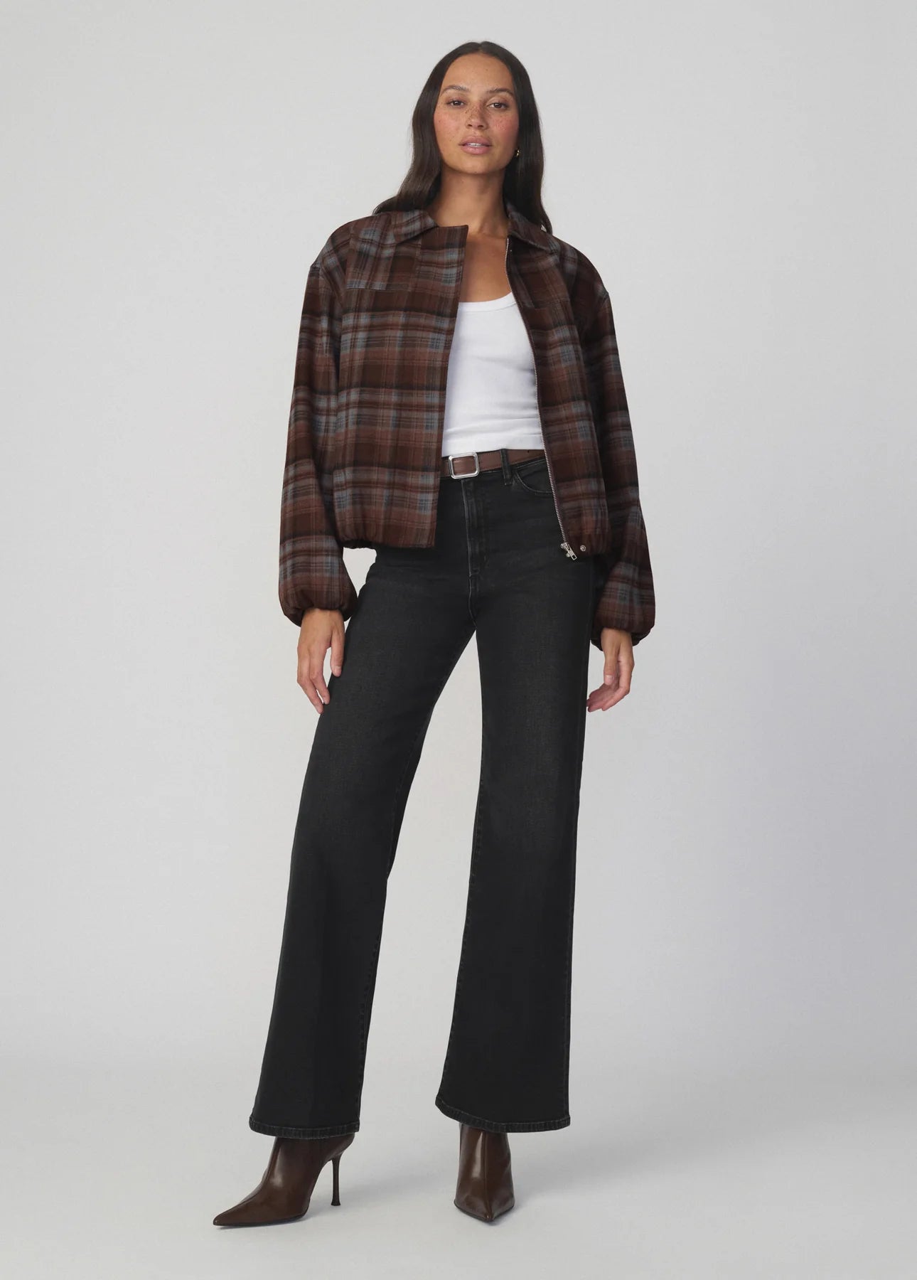The Bella Bomber Jacket - Brown / Blue Plaid