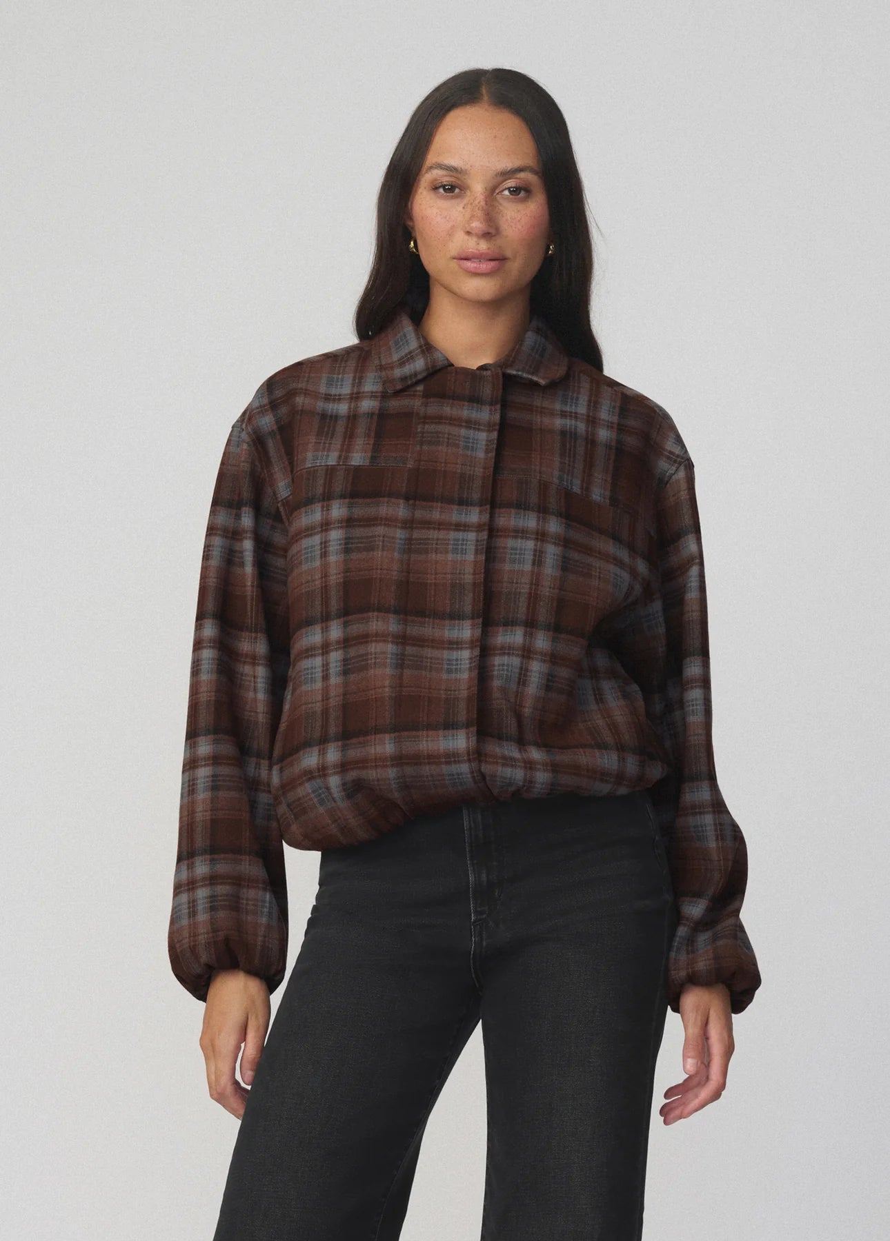 The Bella Bomber Jacket - Brown / Blue Plaid