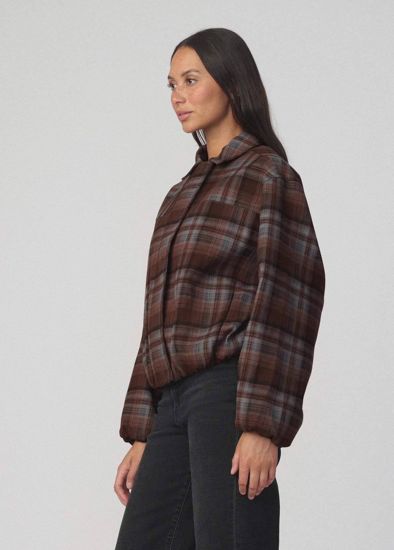 The Bella Bomber Jacket - Brown / Blue Plaid