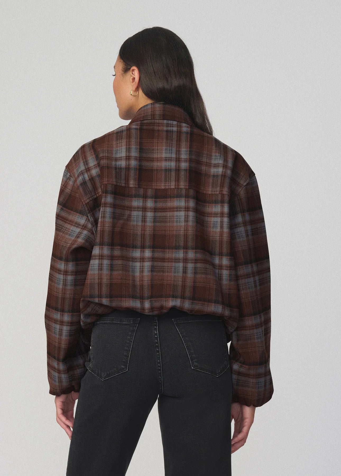 The Bella Bomber Jacket - Brown / Blue Plaid