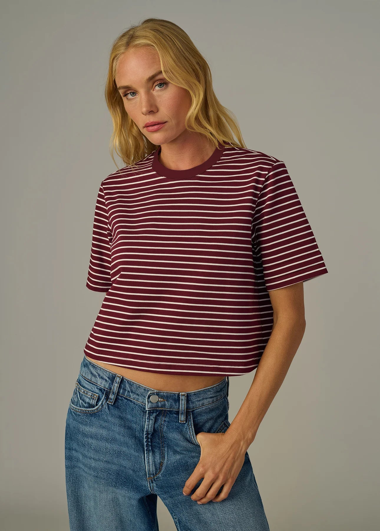 The Boxy Tee - Bordeaux Breton Stripe
