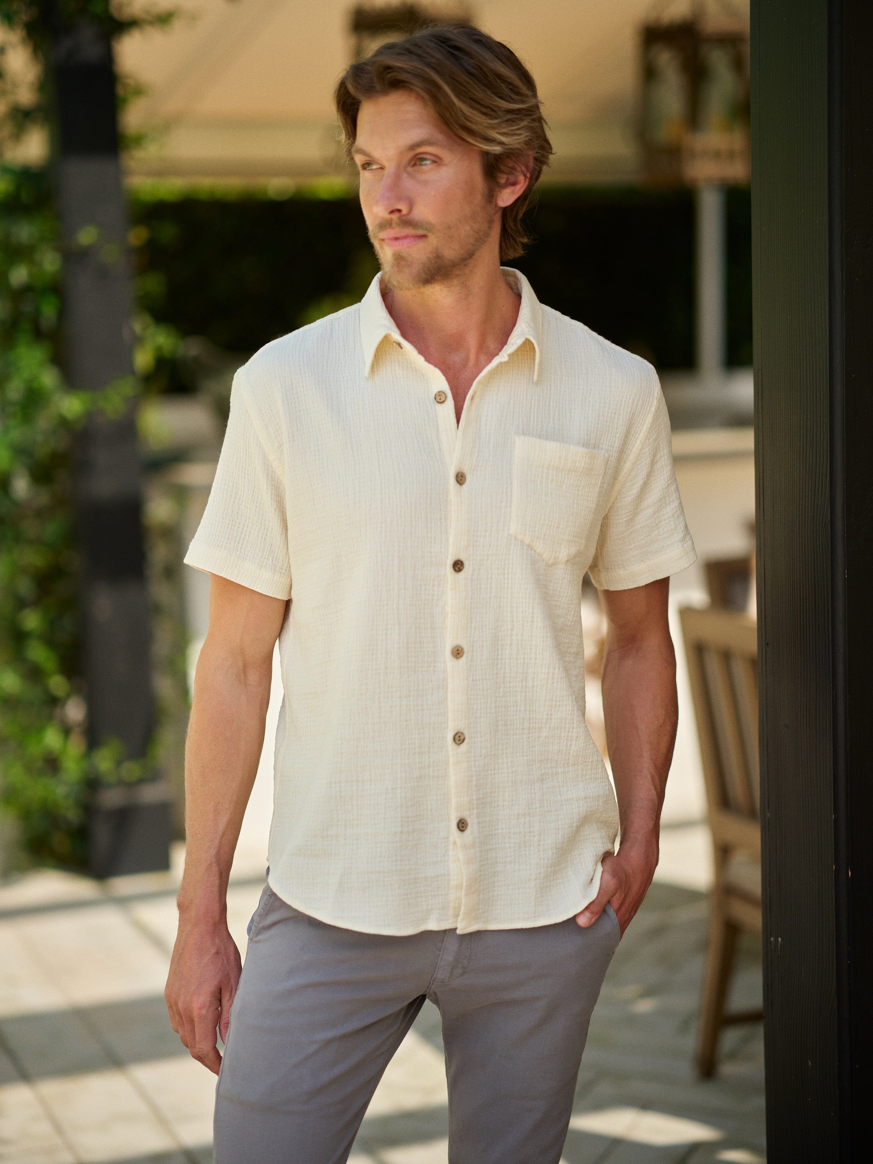Men's Hudson Shirt in Organic Cotton Seersucker - Ivory