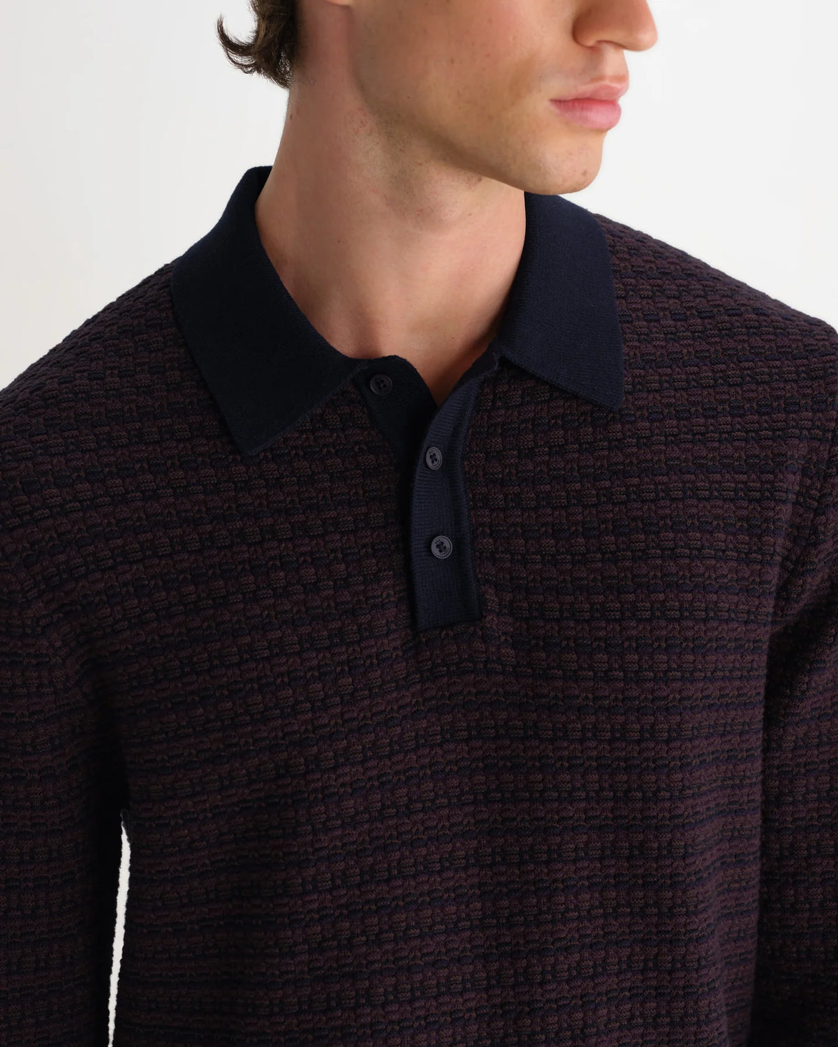 Oban - Geometric Long-Sleeve Knitted Polo - Brown And Navy