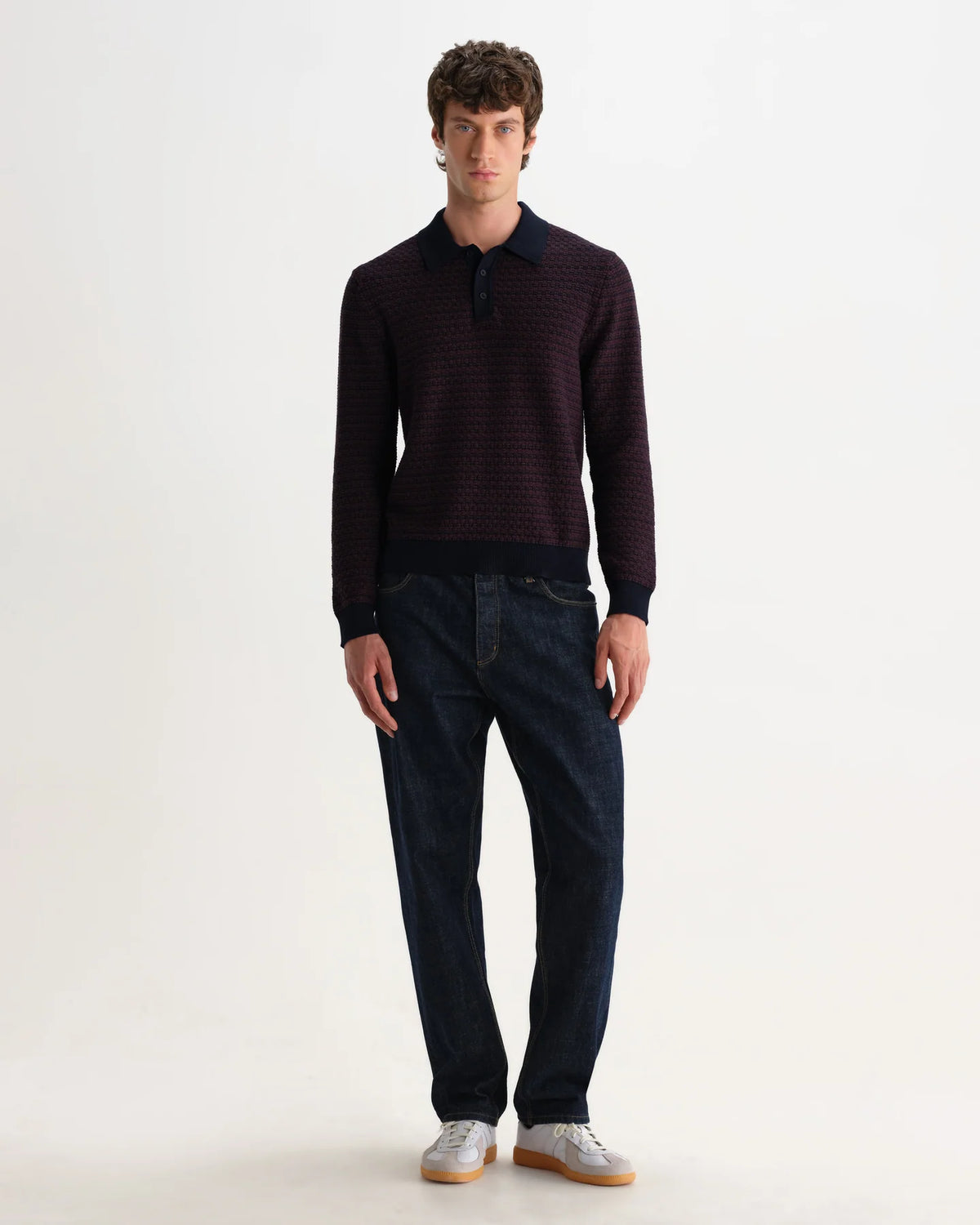 Oban - Geometric Long-Sleeve Knitted Polo - Brown And Navy