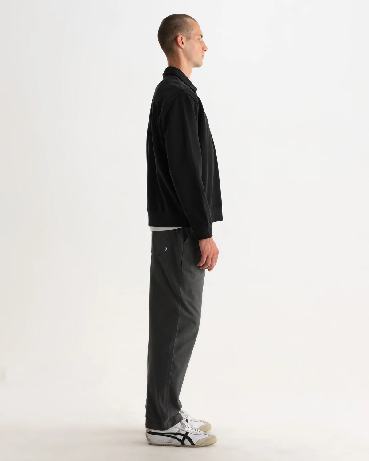 Reeve - Washed Black Loopback Organic Cotton Collared Sweatshirt