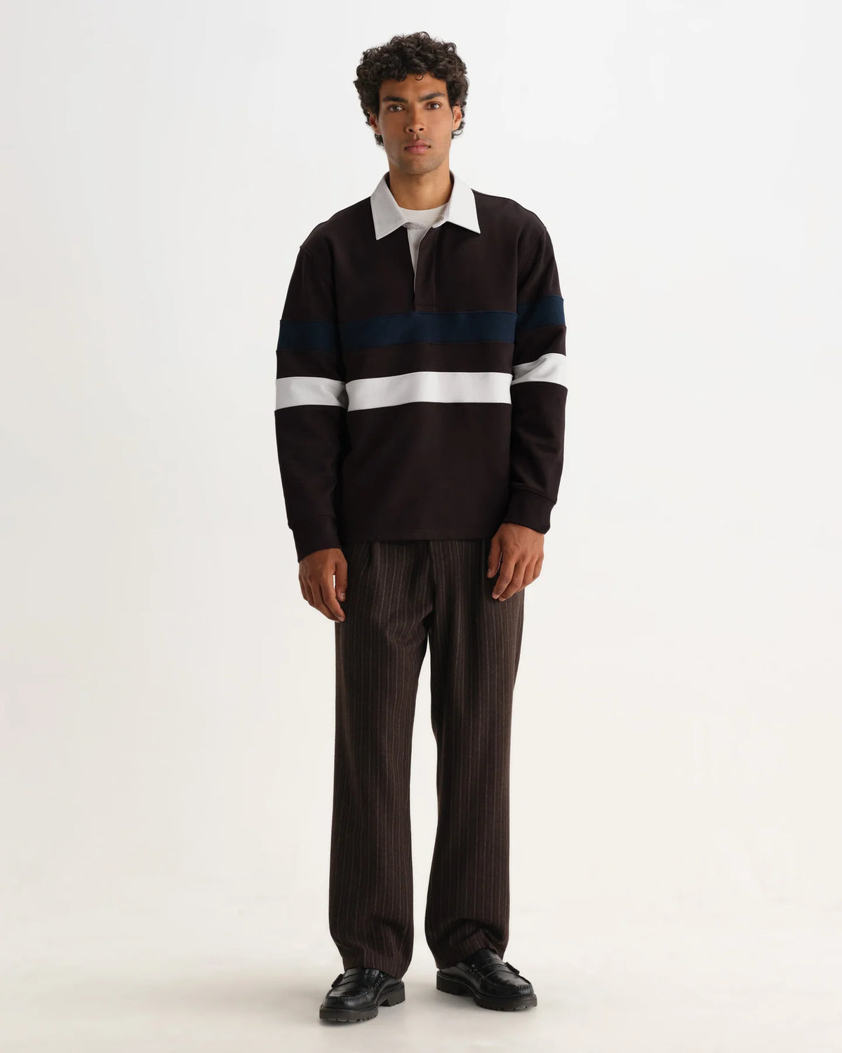 Rowhill - Brown And Navy Stripe Loopback Rugby Shirt
