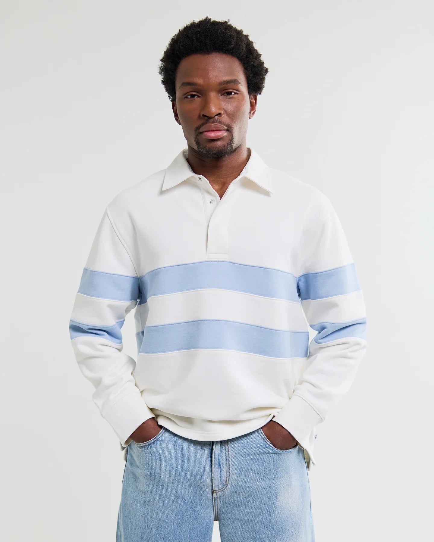 Rowhill Loopback Rugby Shirt - Ecru and Light Blue Stripe