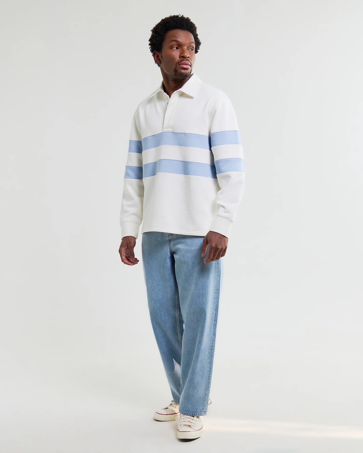 Rowhill Loopback Rugby Shirt - Ecru and Light Blue Stripe
