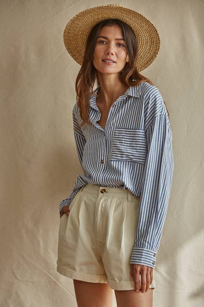 Striped Cotton Button Down - Blue