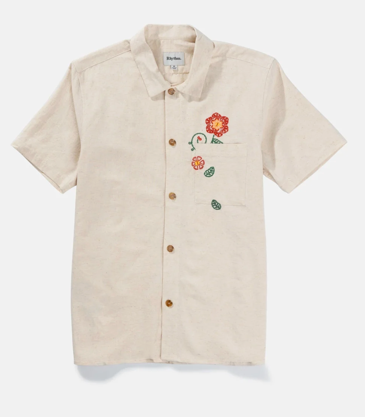 Flower Embroidery Short Sleeve Shirt - Natural