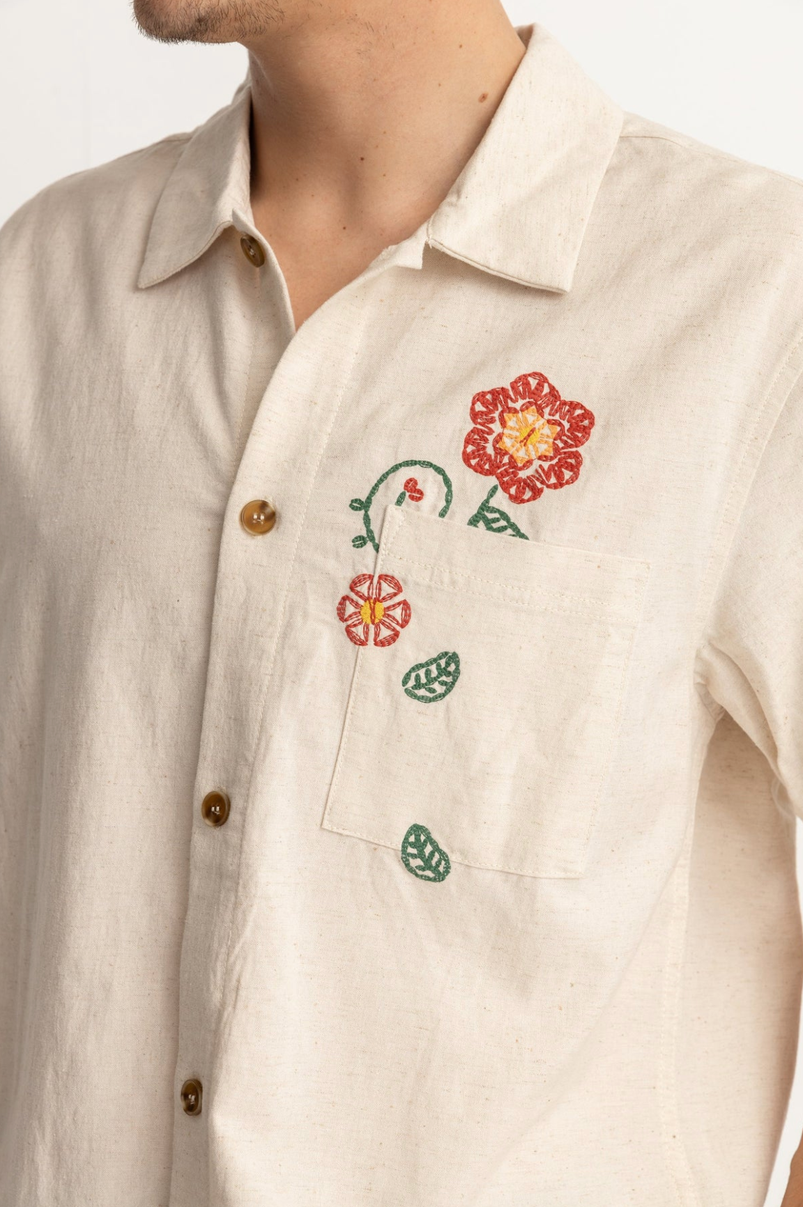 Flower Embroidery Short Sleeve Shirt - Natural
