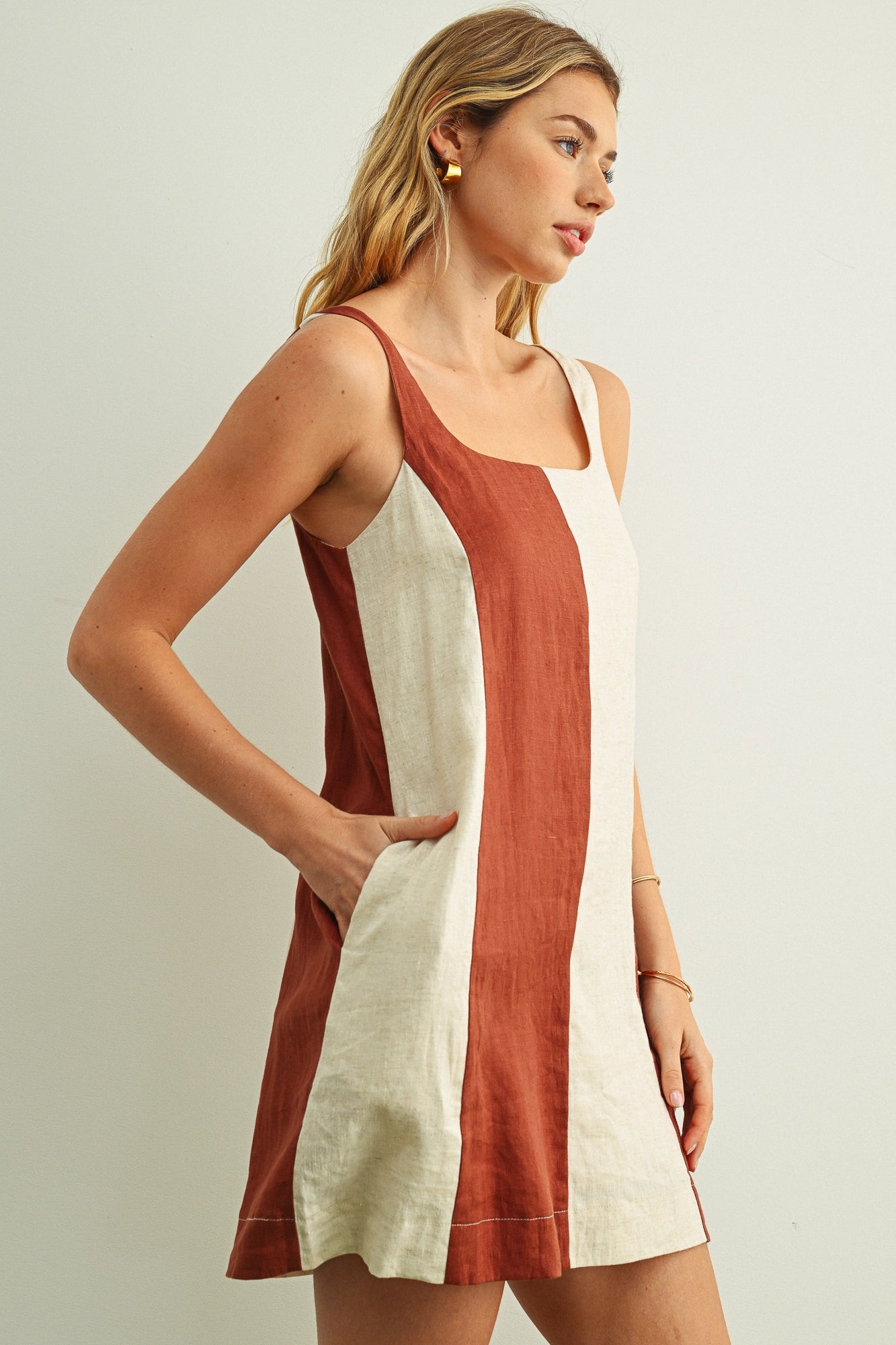 Color Block Linen Mini Dress - Rose Clay/Oatmeal