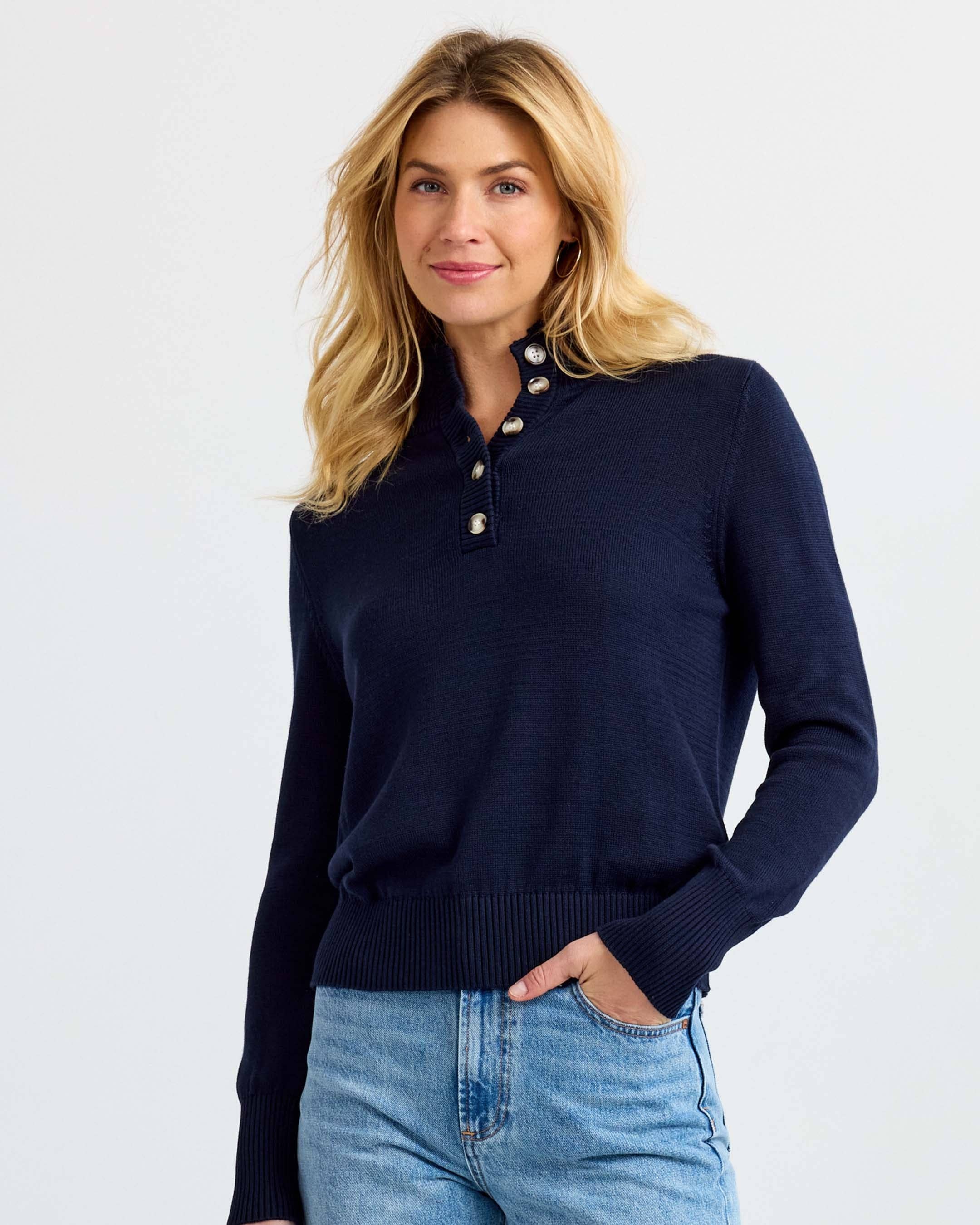 Cotton Henley Pullover - Navy