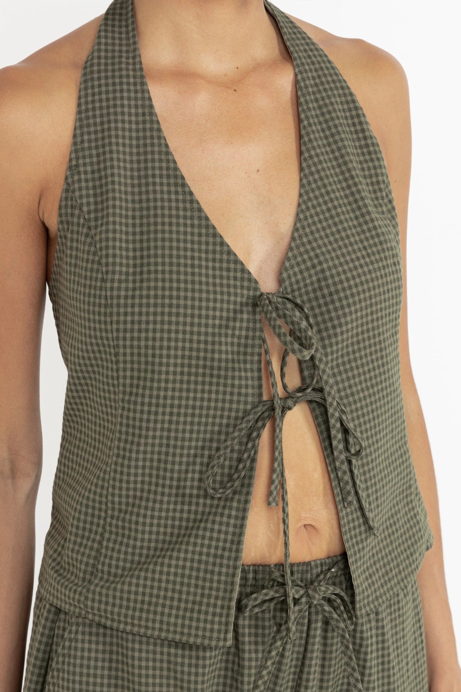 Louise Check Halter Top - Olive