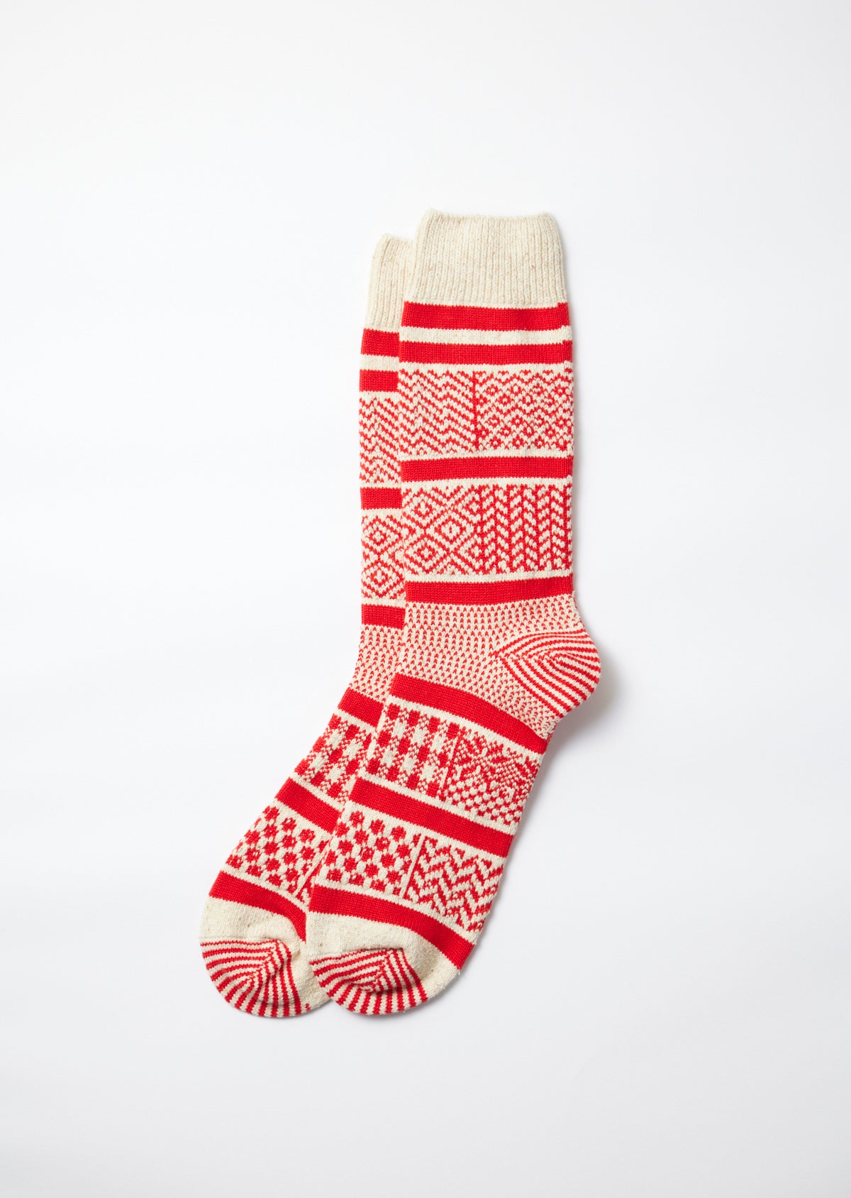 Multi Jacquard Crew Socks - Ivory/Red