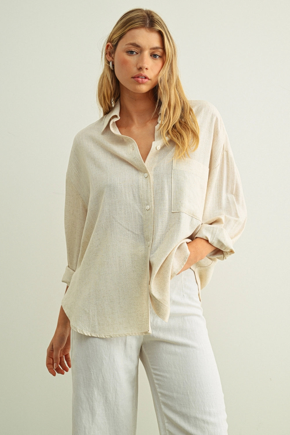 Linen Blend Button-Up Shirt - Oatmeal