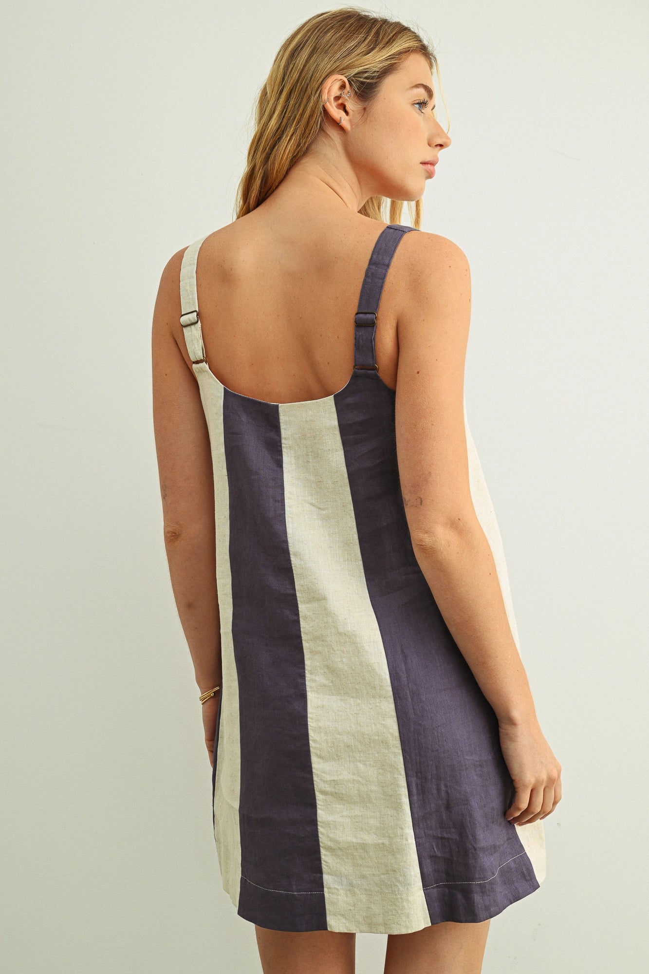 Color Block Linen Mini Dress - Slate Navy/Oatmeal