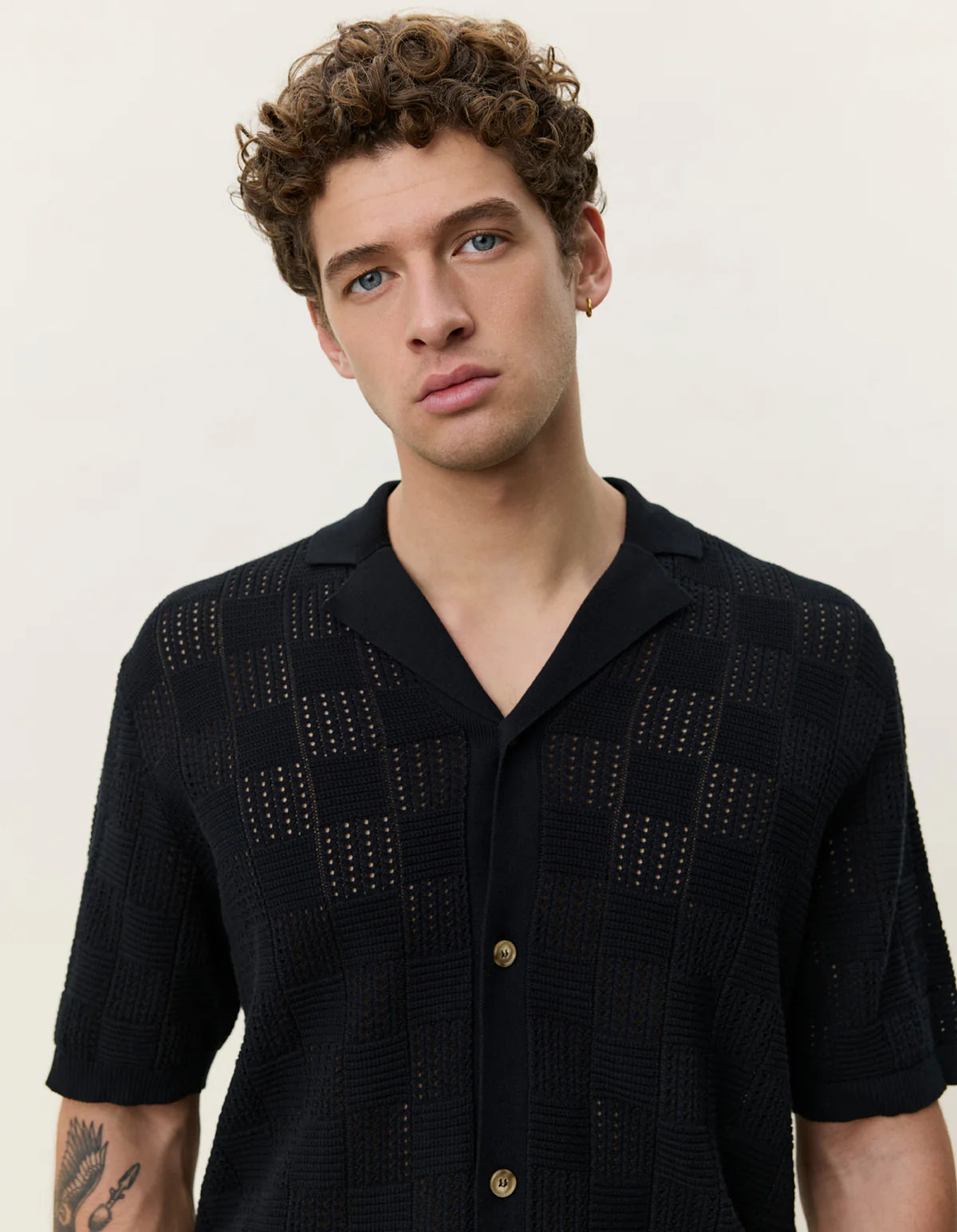 Square Knitted Short Sleeve Shirt - Black