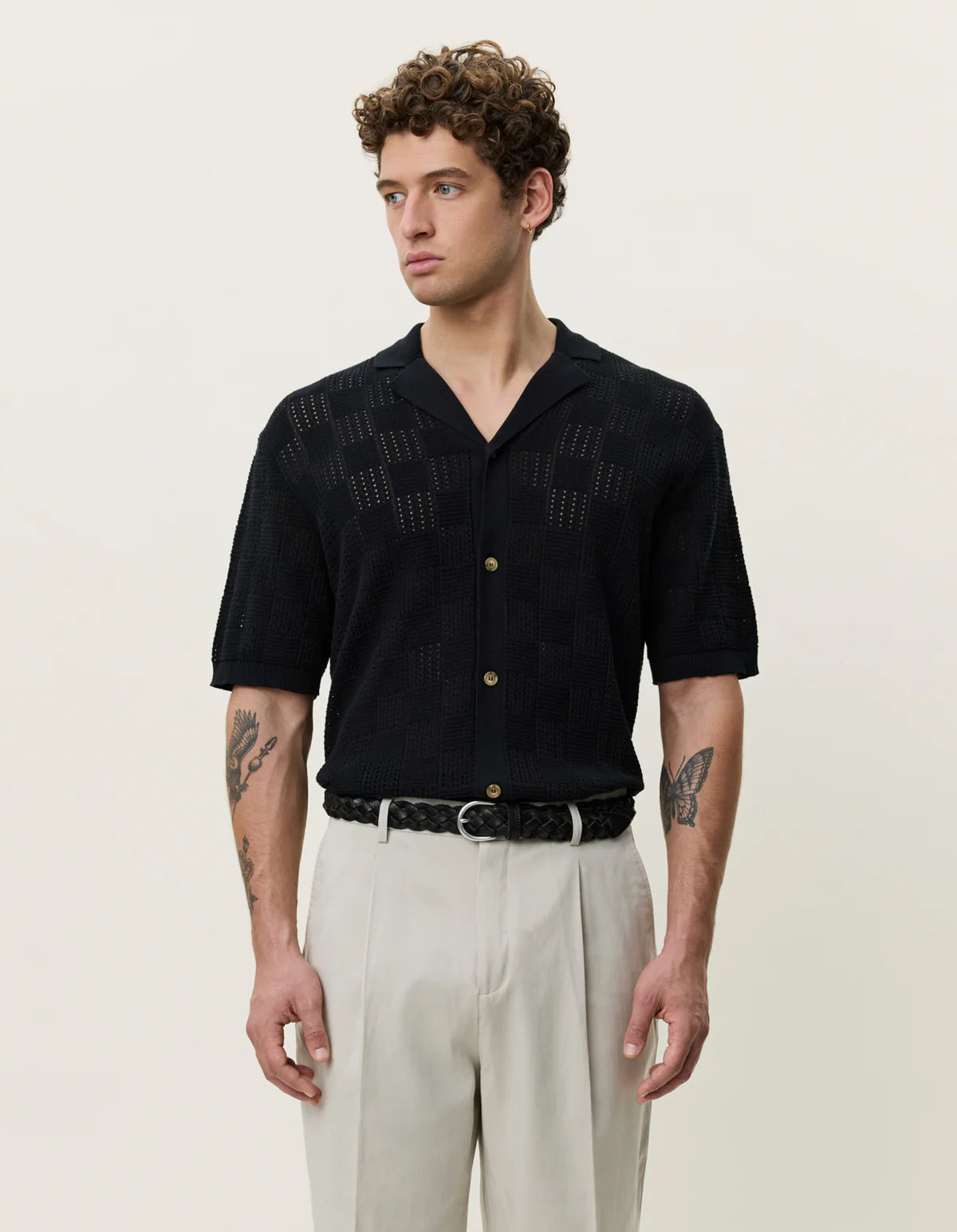 Square Knitted Short Sleeve Shirt - Black