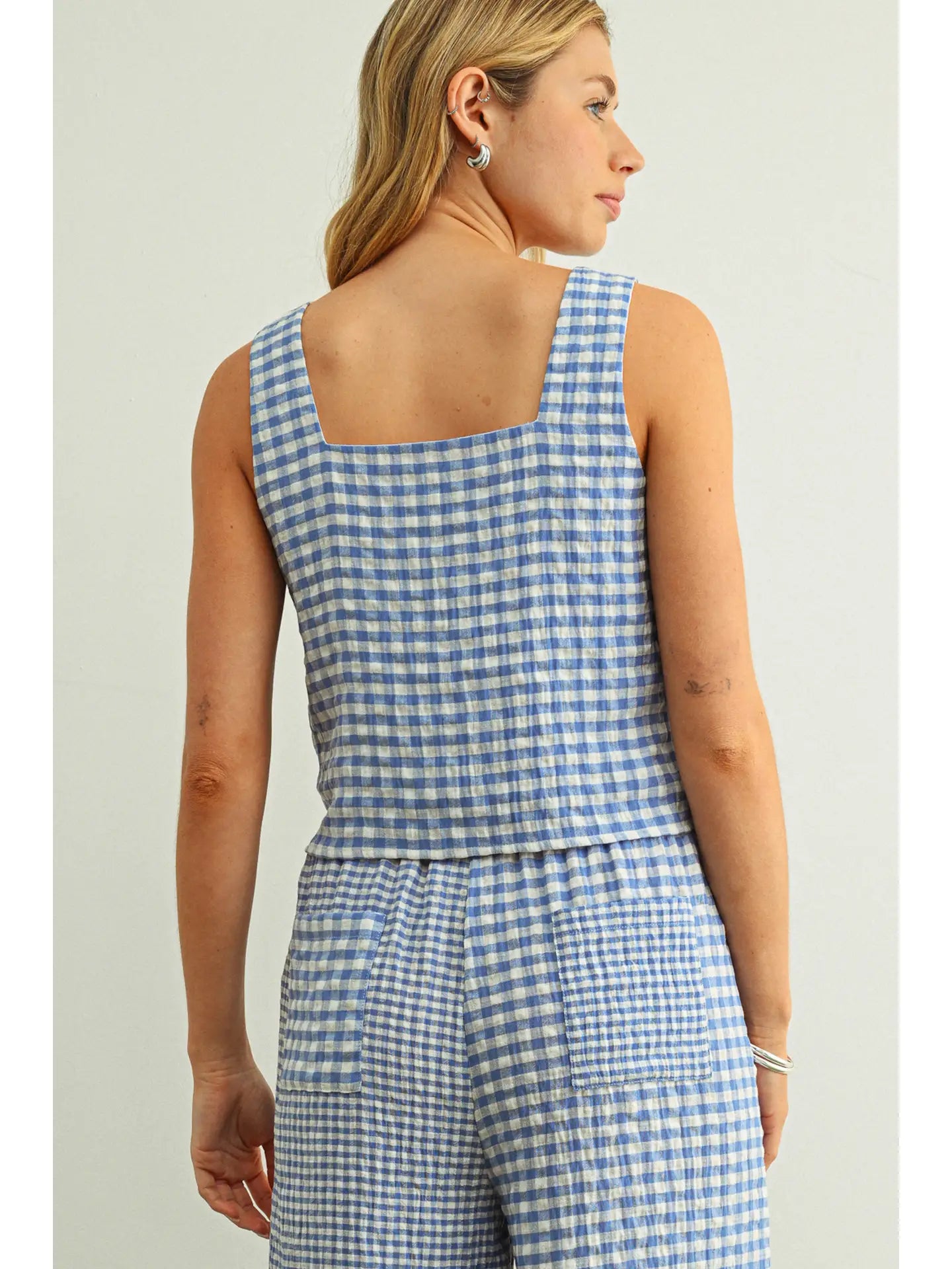 Gingham Square Neck Tank - Blue/White