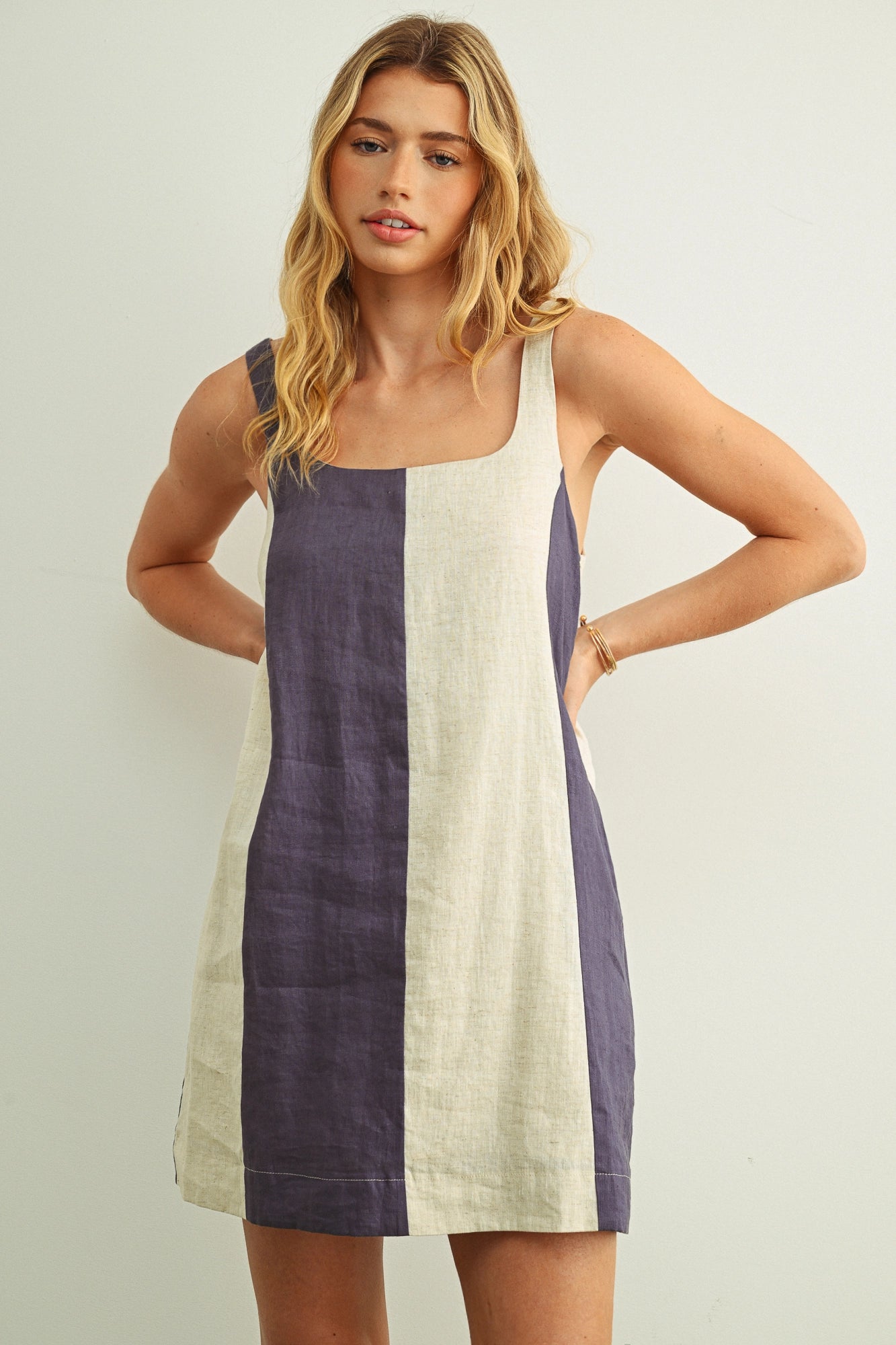 Color Block Linen Mini Dress - Slate Navy/Oatmeal
