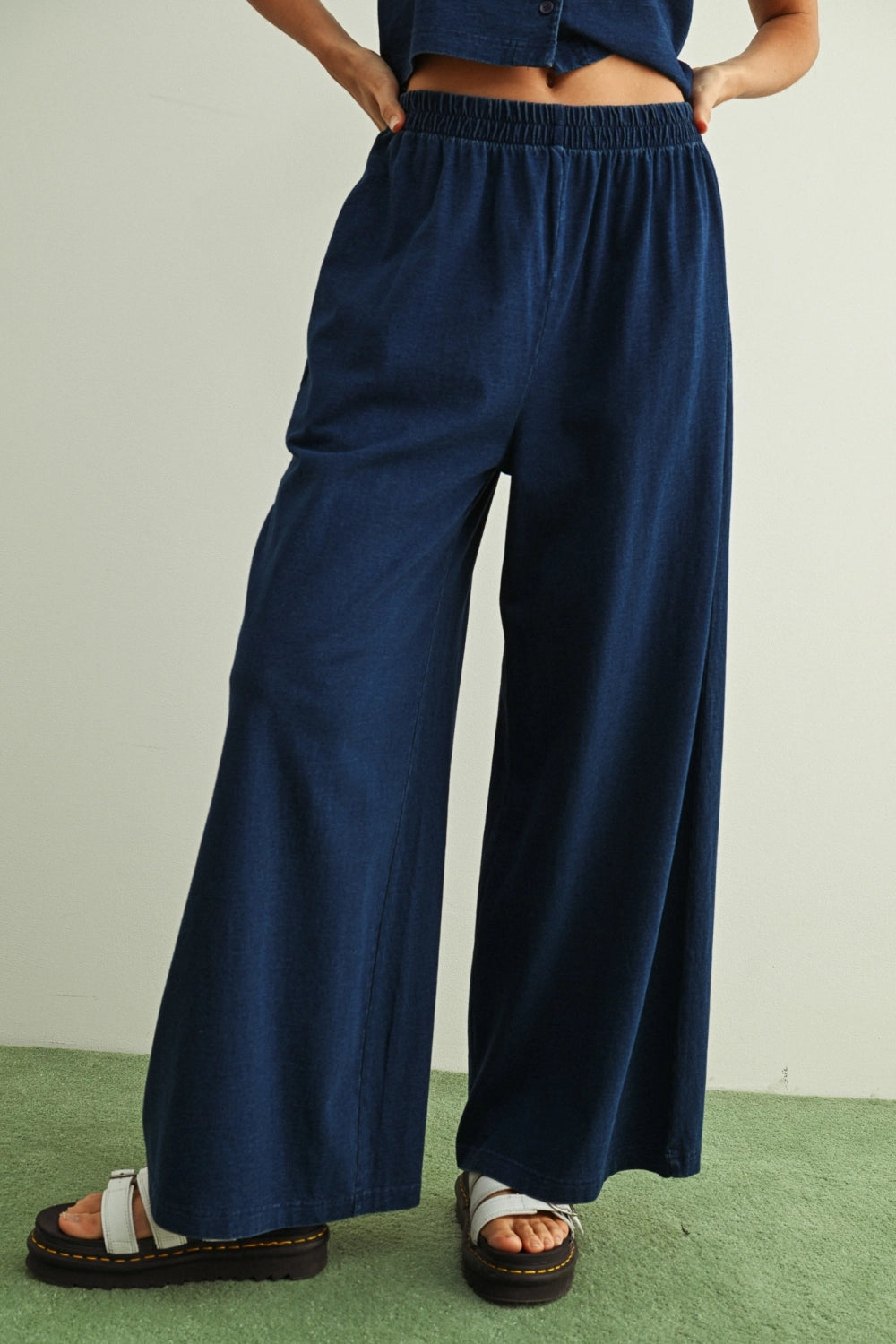 Washed Knit Wide Leg Pants - Indigo Blue
