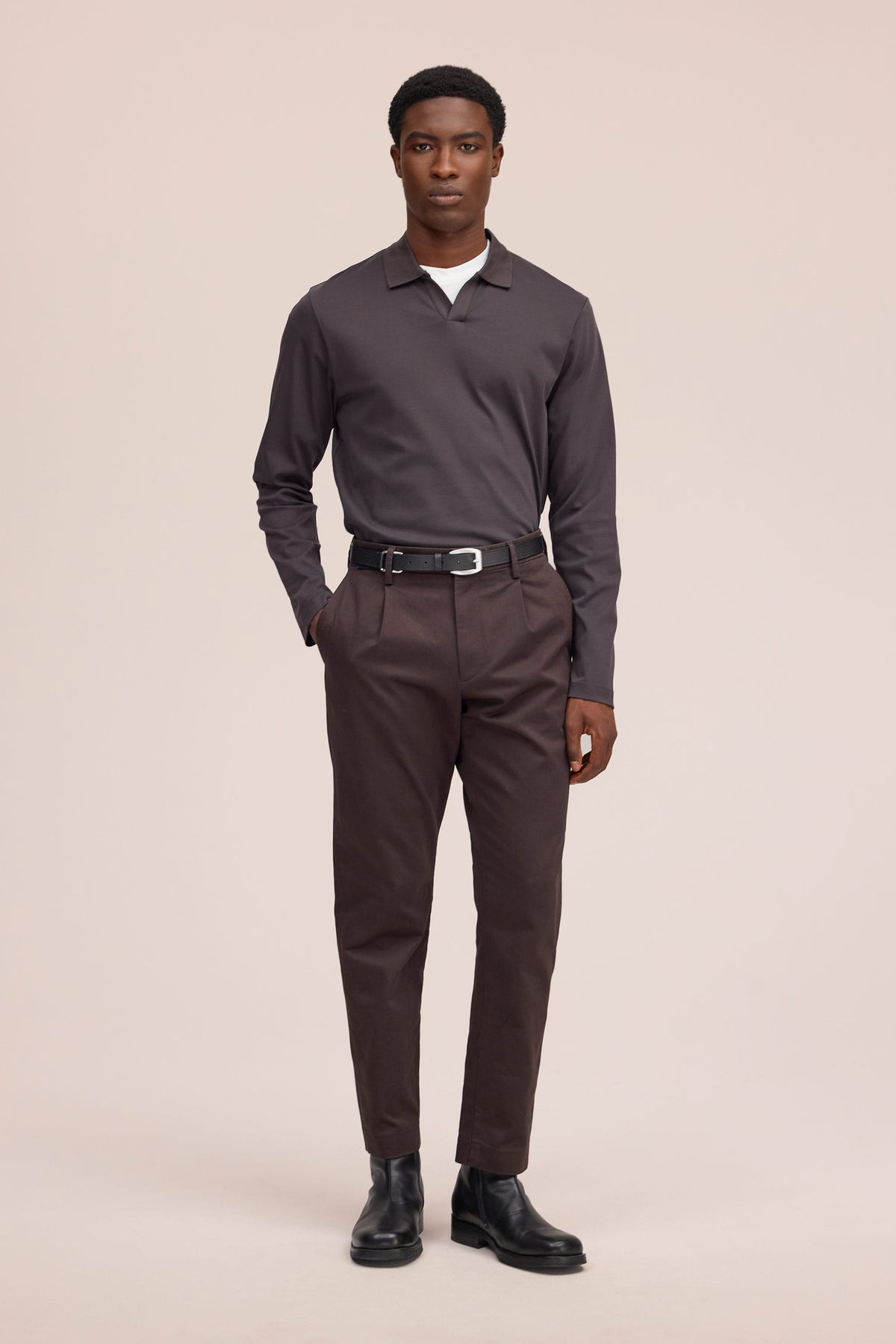 Paul - Open Collar Organic Cotton Polo - Deep Truffle