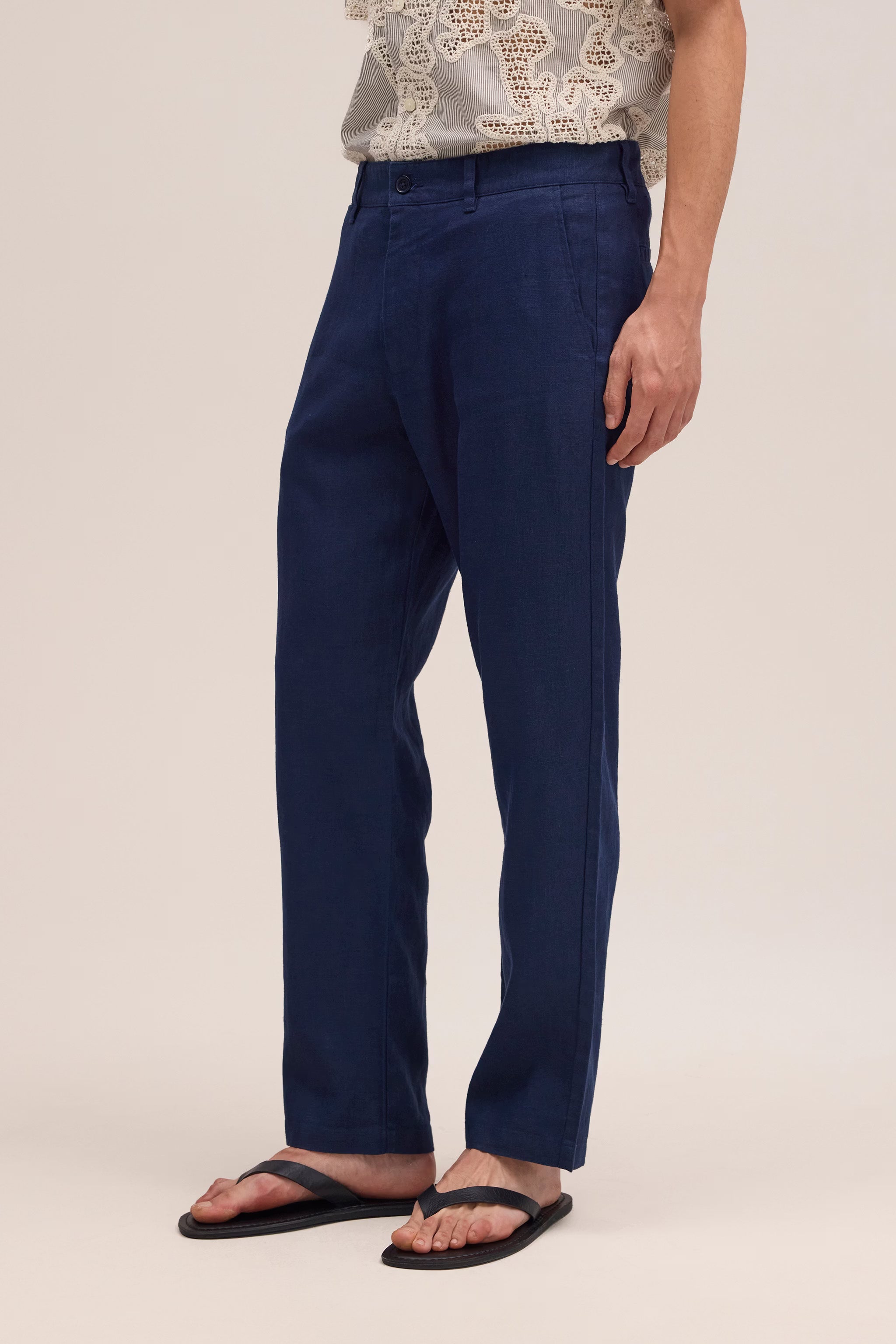 Aden - Straight Leg Linen Regular Fit Pant - Navy Blue