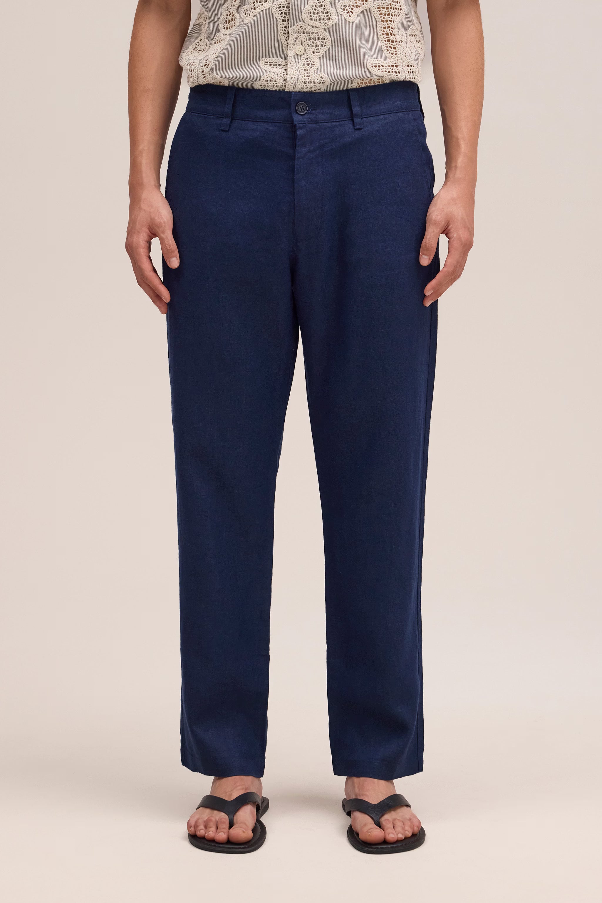 Aden - Straight Leg Linen Regular Fit Pant - Navy Blue