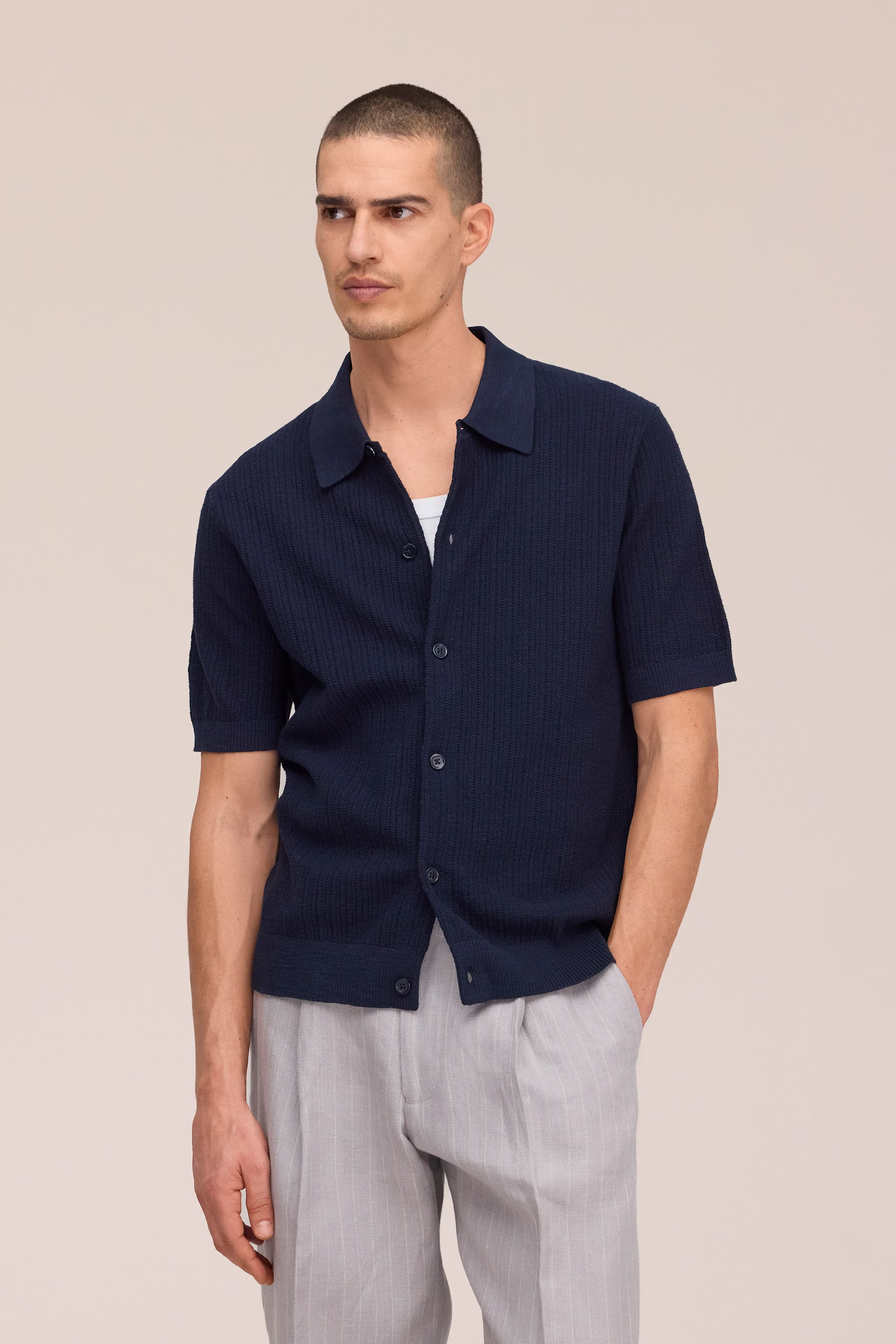 Nolan - Ribbed Organic Cotton Cardigan - Navy Blue