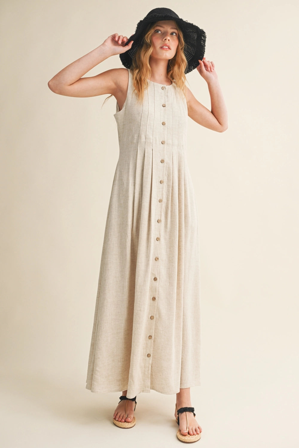 Pleated Button-Front Linen Maxi Dress - Oatmeal