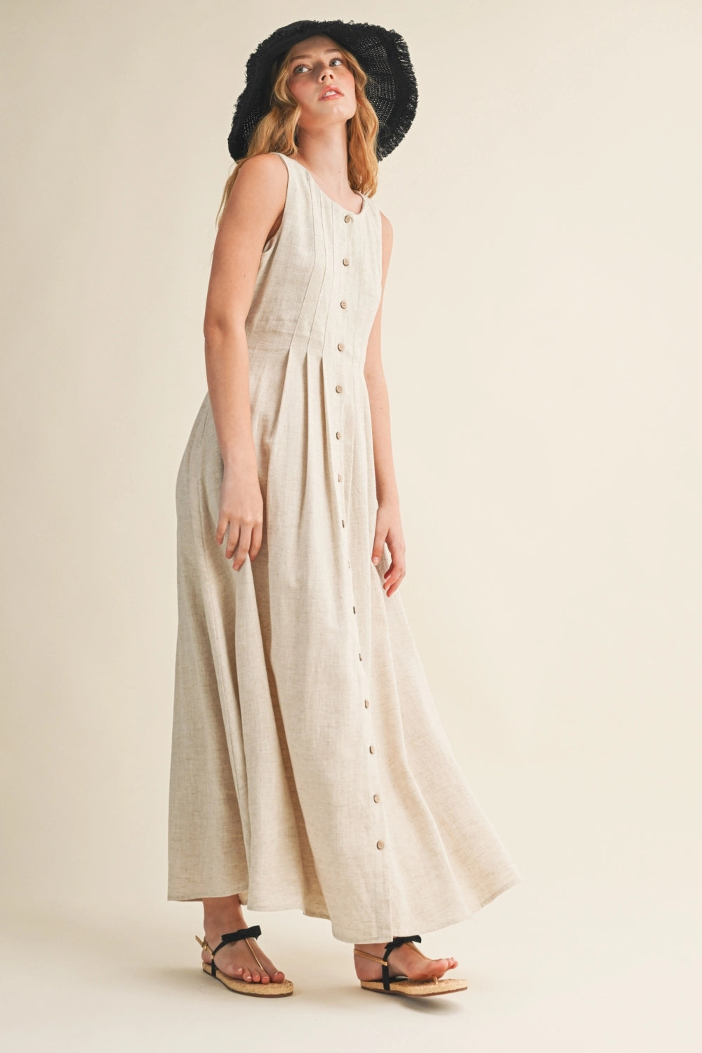 Pleated Button-Front Linen Maxi Dress - Oatmeal