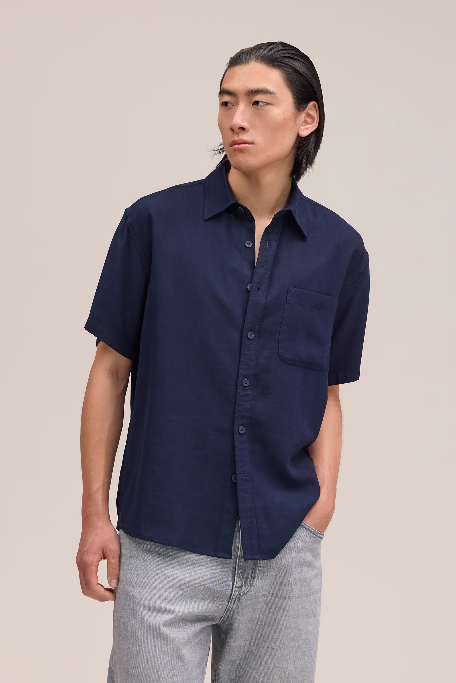 Deon - Drapey Viscose Blend Shirt - Navy Blue