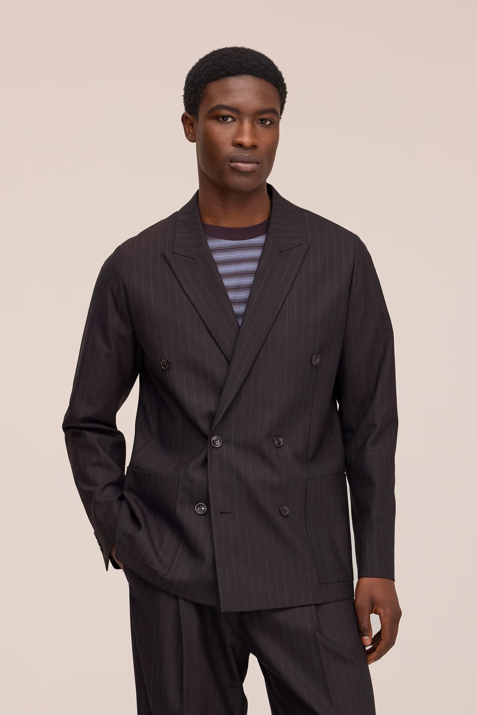 Jordin - Double Breasted Wool Blend Blazer - Brown Stripe