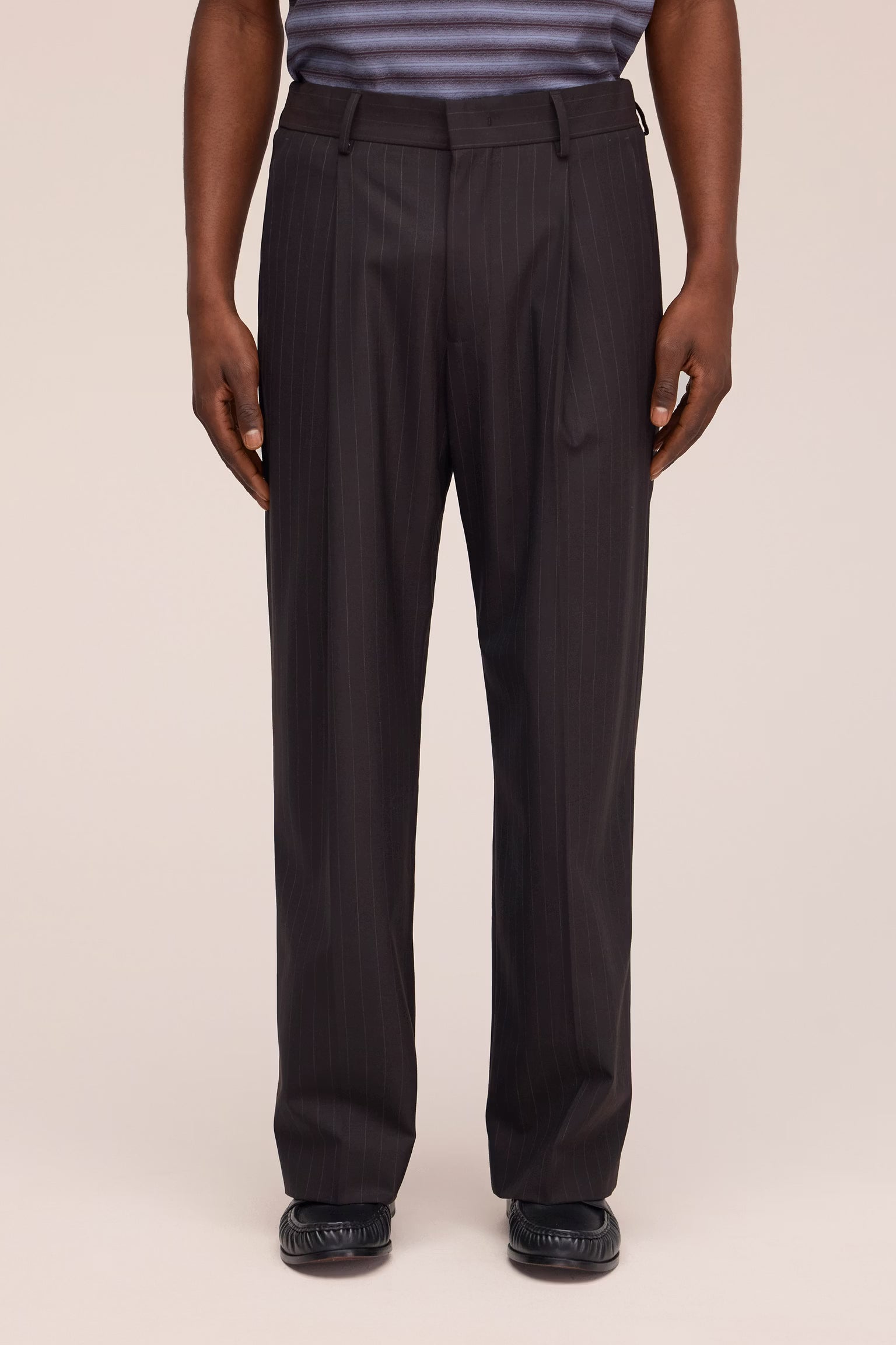 Kay - Relaxed Fit Wool Blend Pant - Brown Stripe