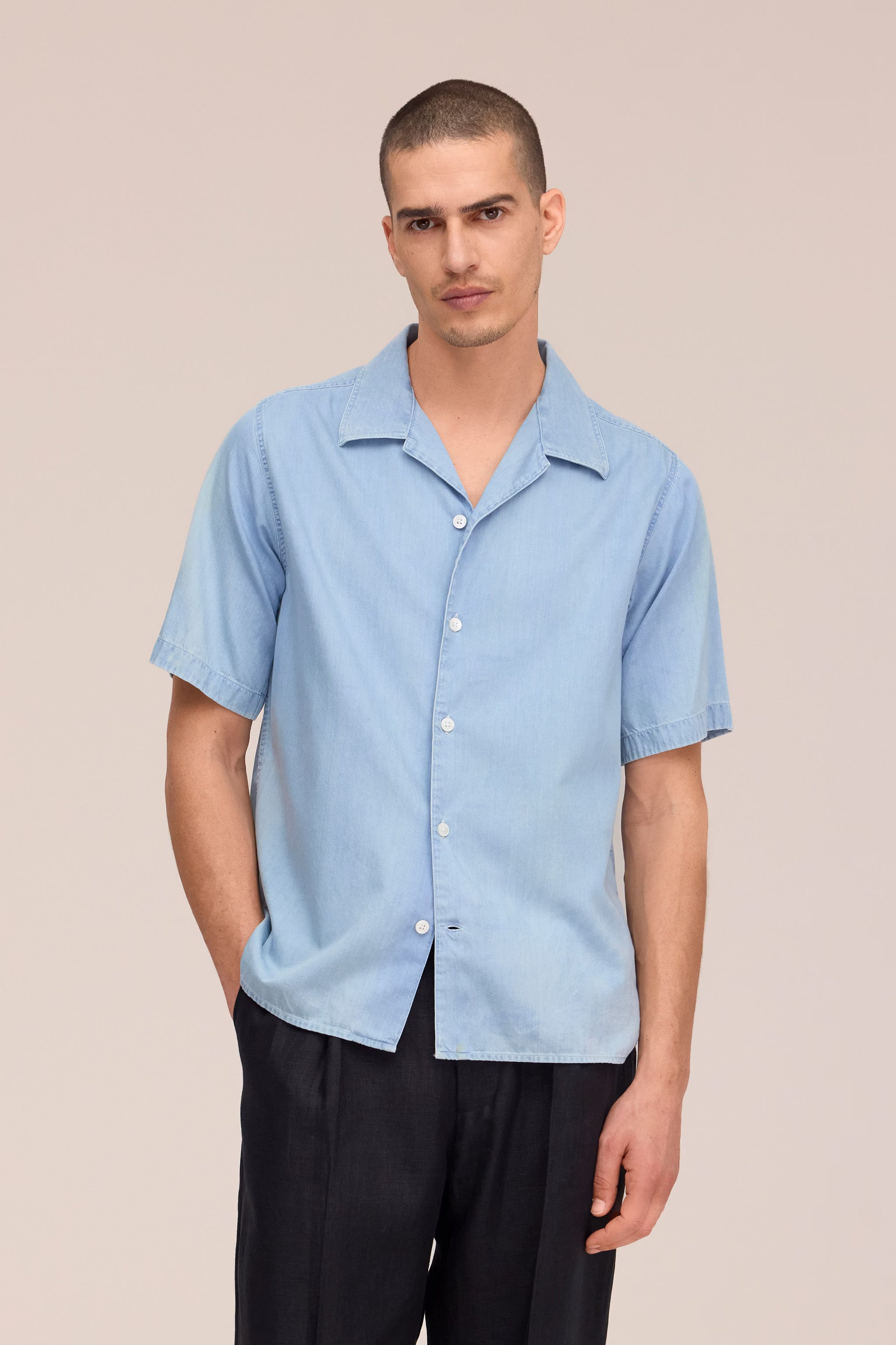 Julio - Camp Collar Twill Shirt - Bleach Indigo
