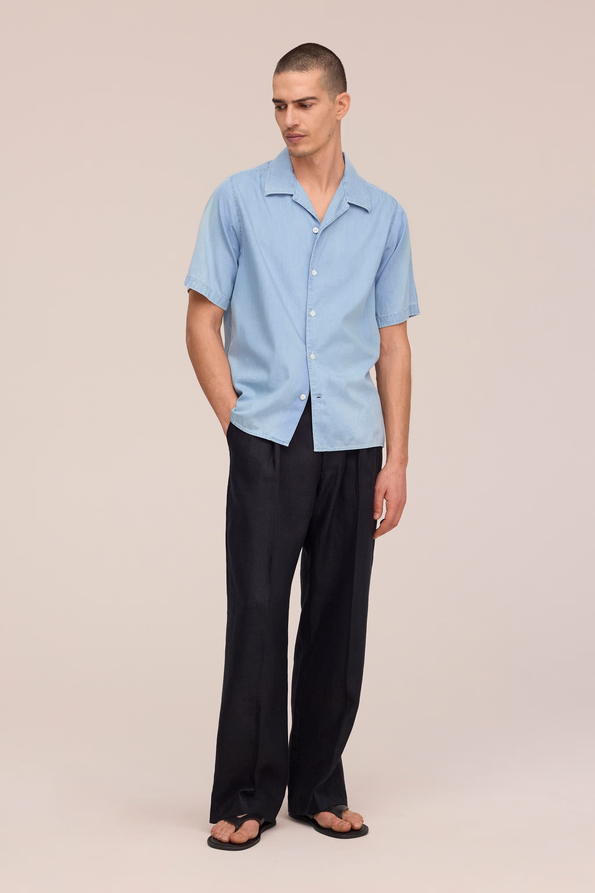 Julio - Camp Collar Twill Shirt - Bleach Indigo
