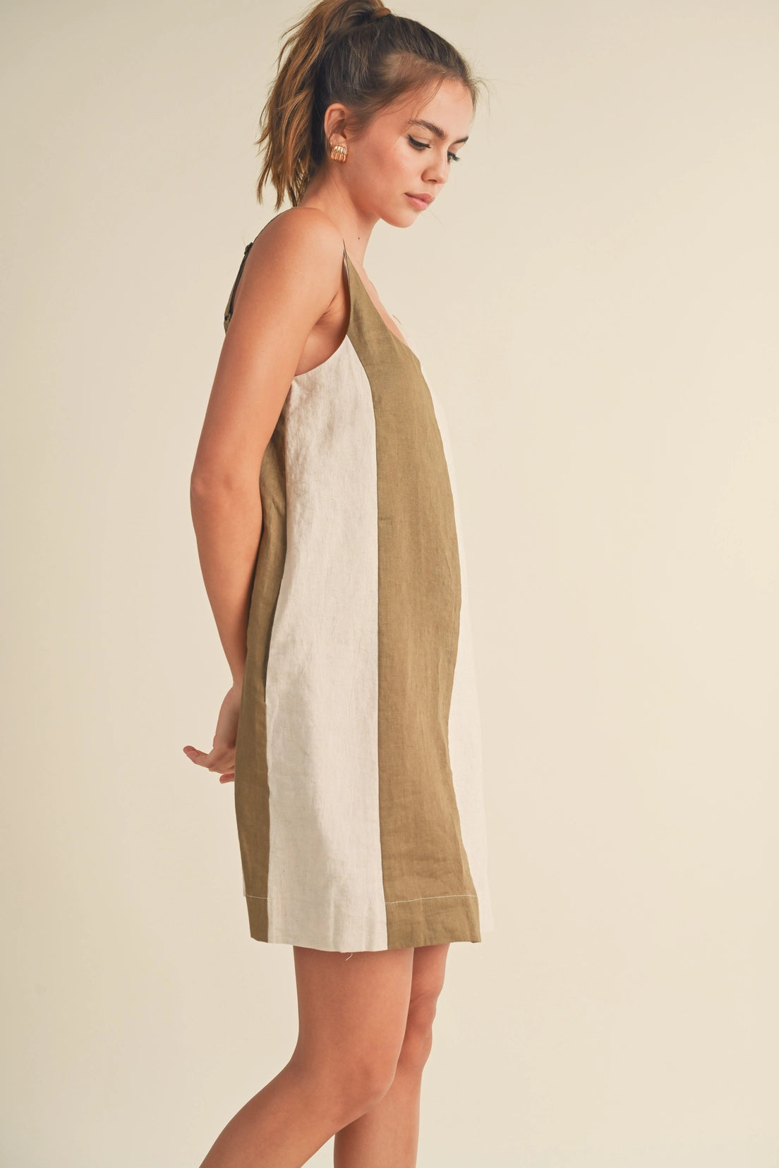 Color Block Linen Mini Dress - Olive/Oatmeal
