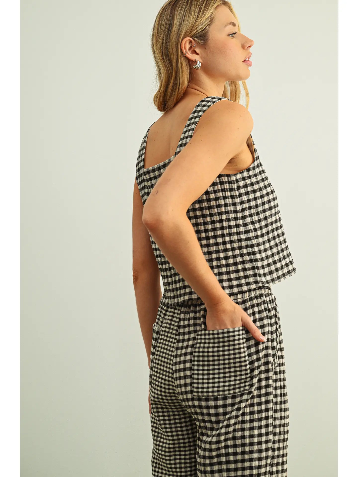 Gingham Square Neck Tank - Black/Cream